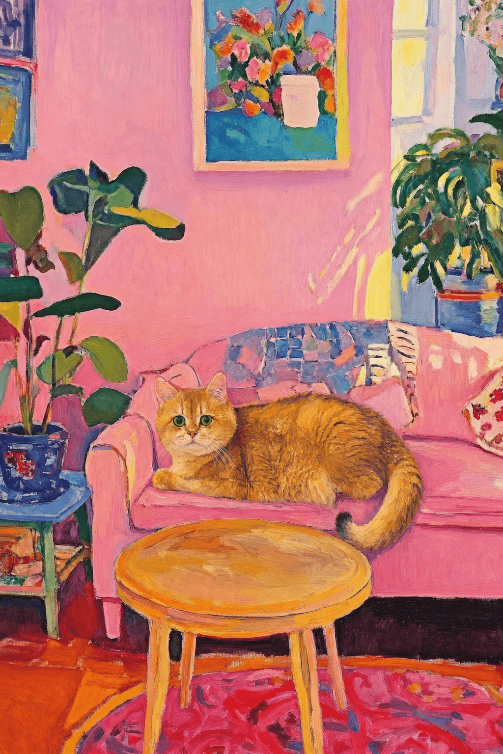 The painting shows a cozy, colorful interior with a warm pink wall and a large pink sofa in the foreground. 
      The pet is resting lazily on a bright pink velvet sofa. The pet’s looked completely relaxed and content. 
      The overall mood is cheerful and intimate, with bold outlines, visible brushstrokes, and slightly simplified forms. 
      Art Style: Paint in Fauvism, post-impressionism style. Use simplified shapes, exaggerates color, and flattens perspective to create charm and personality.
Use saturated, non-naturalistic colors and flattened perspective reminiscent of Henri Matisse.
The brushwork is loose, visible, and painterly, with uneven strokes that give the surface texture and movement.
Paint with large areas of flat color patches, simplified shapes, bold decorative outlines, and minimal blending.
The composition is flattened and slightly distorted, with compressed perspective.
The painting is expressive, utilizing thick, confident strokes and quick, rhythmic marks that prioritize texture and visual energy over realistic blending or depth.