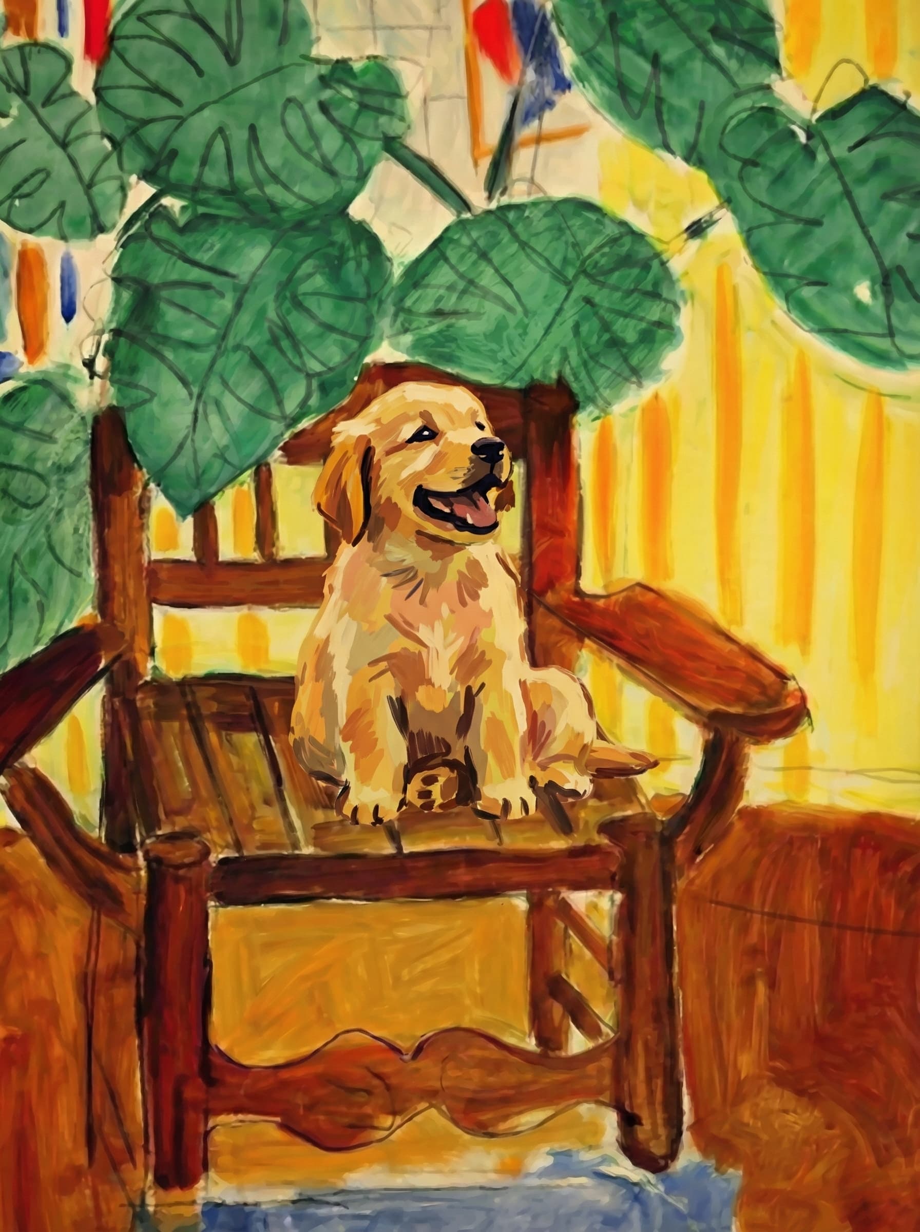 A pet sitting on a brown chair, looking at the viewer. Colors are applied with minimal blending, creating a flat, illustrative feel. The brushwork is broad, rapid, and direct. Strokes are loose, visible, applied thinly, defining the forms quickly without building up significant physical texture or impasto on the surface.
