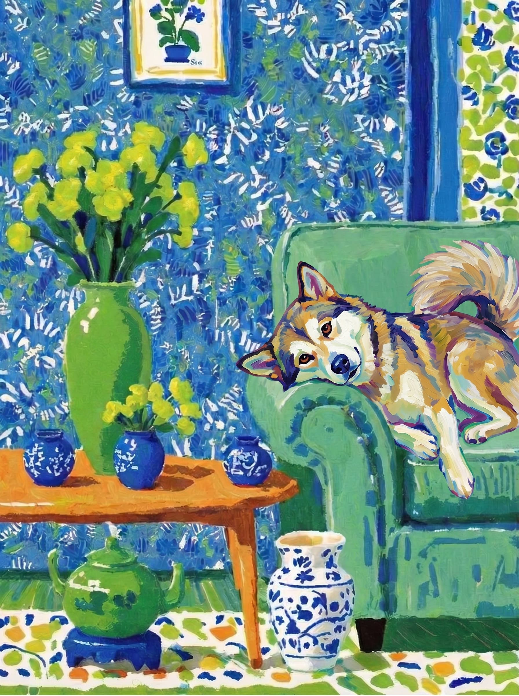A pet lazy lying on the couch, with head tilt on the edge of couch, eye looking at the the vase. paint in post-impressionism style. Use saturated, non-naturalistic colors and flattened perspective reminiscent of Henri Matisse. painterly and expressive, utilizing thick, confident strokes and quick, rhythmic marks that prioritize texture and visual energy over realistic blending or depth.