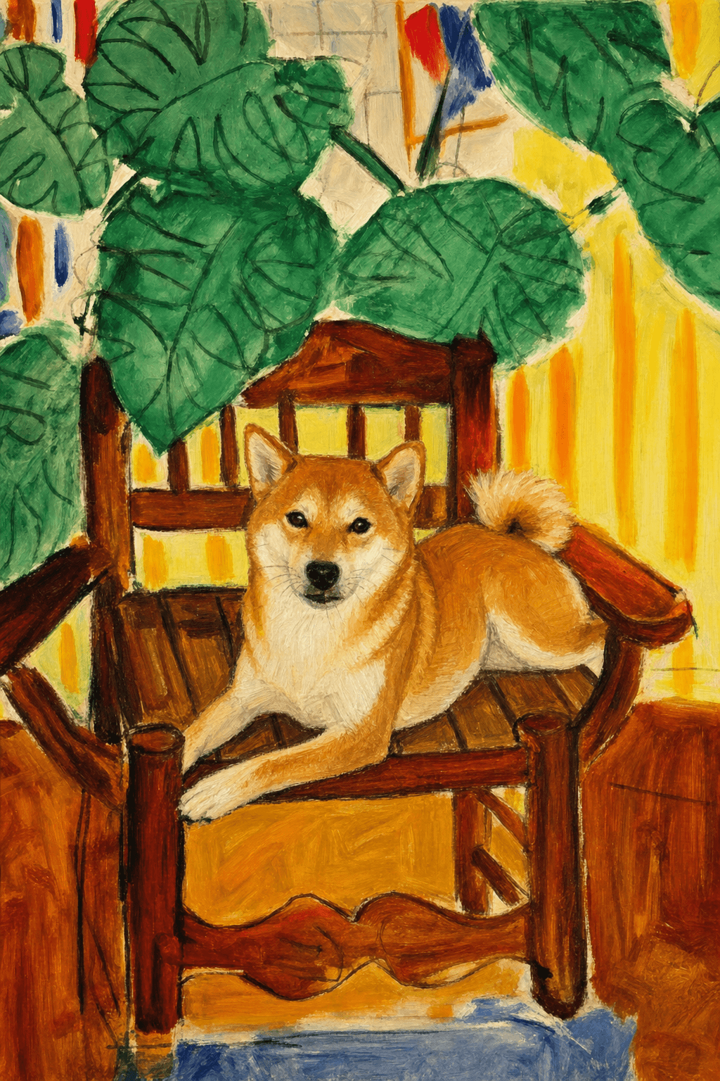A pet sitting on a brown chair, looking at the viewer. Colors are applied with minimal blending, creating a flat, illustrative feel. The brushwork is broad, rapid, and direct. Strokes are loose, visible, applied thinly, defining the forms quickly without building up significant physical texture or impasto on the surface.
