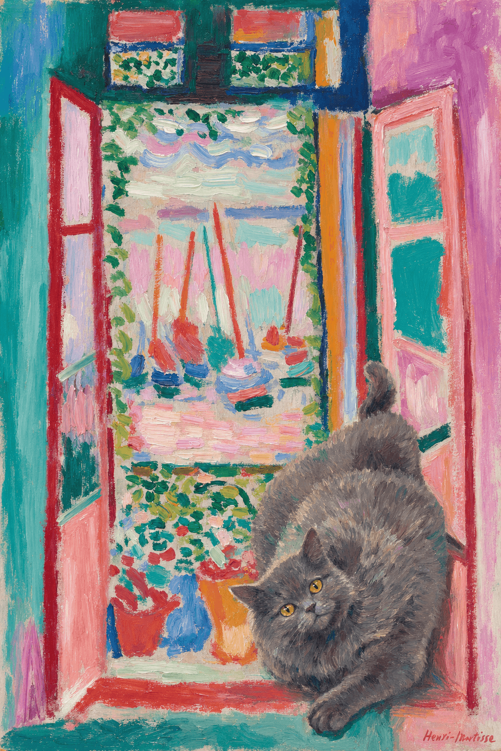 A pet sitting on the right bottom frame of an open door, with its back to the opening while facing the room, looking at the viewer, slight leaning on the right-side door panel. Paint in post-impressionism style. Use loosely painted, vibrantly colored, stylized, vertical painting.