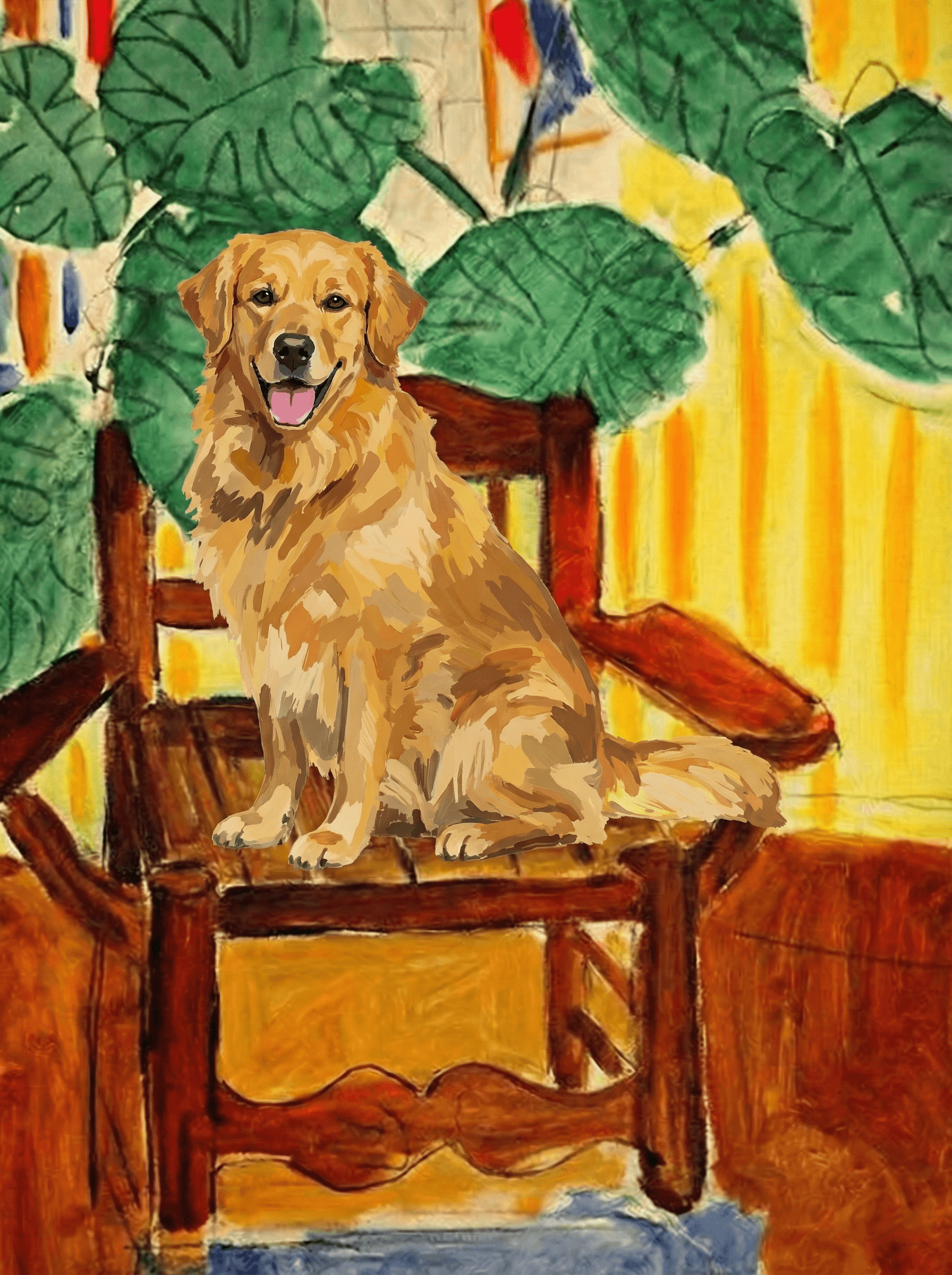 A pet sitting on a brown chair, looking at the viewer. Colors are applied with minimal blending, creating a flat, illustrative feel. The brushwork is broad, rapid, and direct. Strokes are loose, visible, applied thinly, defining the forms quickly without building up significant physical texture or impasto on the surface.