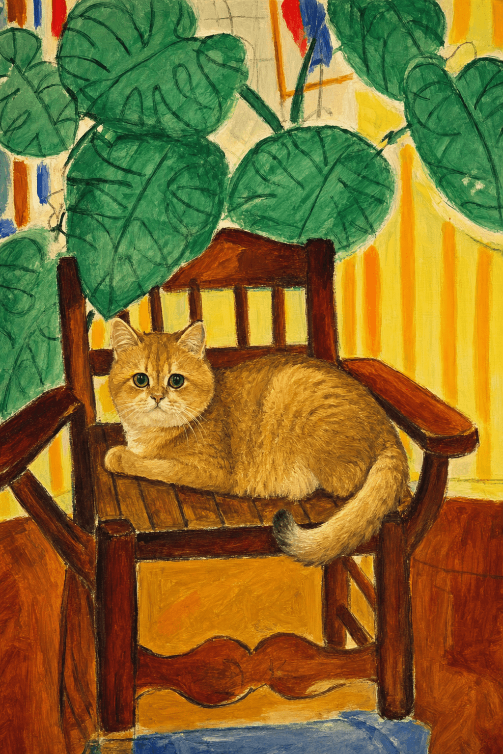 A pet sitting on a brown chair, looking at the viewer. Colors are applied with minimal blending, creating a flat, illustrative feel. The brushwork is broad, rapid, and direct. Strokes are loose, visible, applied thinly, defining the forms quickly without building up significant physical texture or impasto on the surface.
