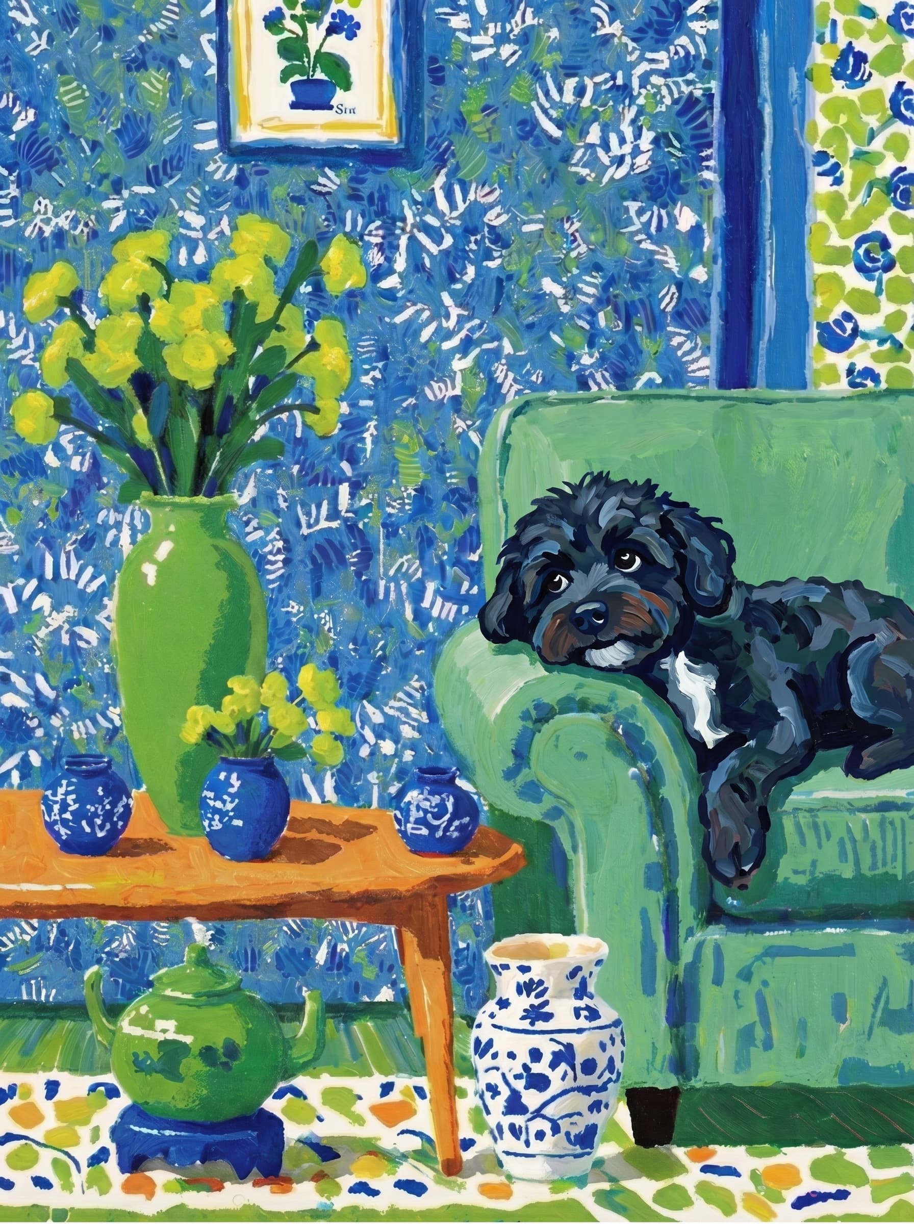 A pet lazy lying on the couch, with head tilt on the edge of couch, eye looking at the the vase. Art Style: Paint in Fauvism, post-impressionism style. Use simplified shapes, exaggerates color, and flattens perspective to create charm and personality.
Use saturated, non-naturalistic colors and flattened perspective reminiscent of Henri Matisse.
The brushwork is loose, visible, and painterly, with uneven strokes that give the surface texture and movement.
Paint with large areas of flat color patches, simplified shapes, bold decorative outlines, and minimal blending.
The composition is flattened and slightly distorted, with compressed perspective.
The painting is expressive, utilizing thick, confident strokes and quick, rhythmic marks that prioritize texture and visual energy over realistic blending or depth.