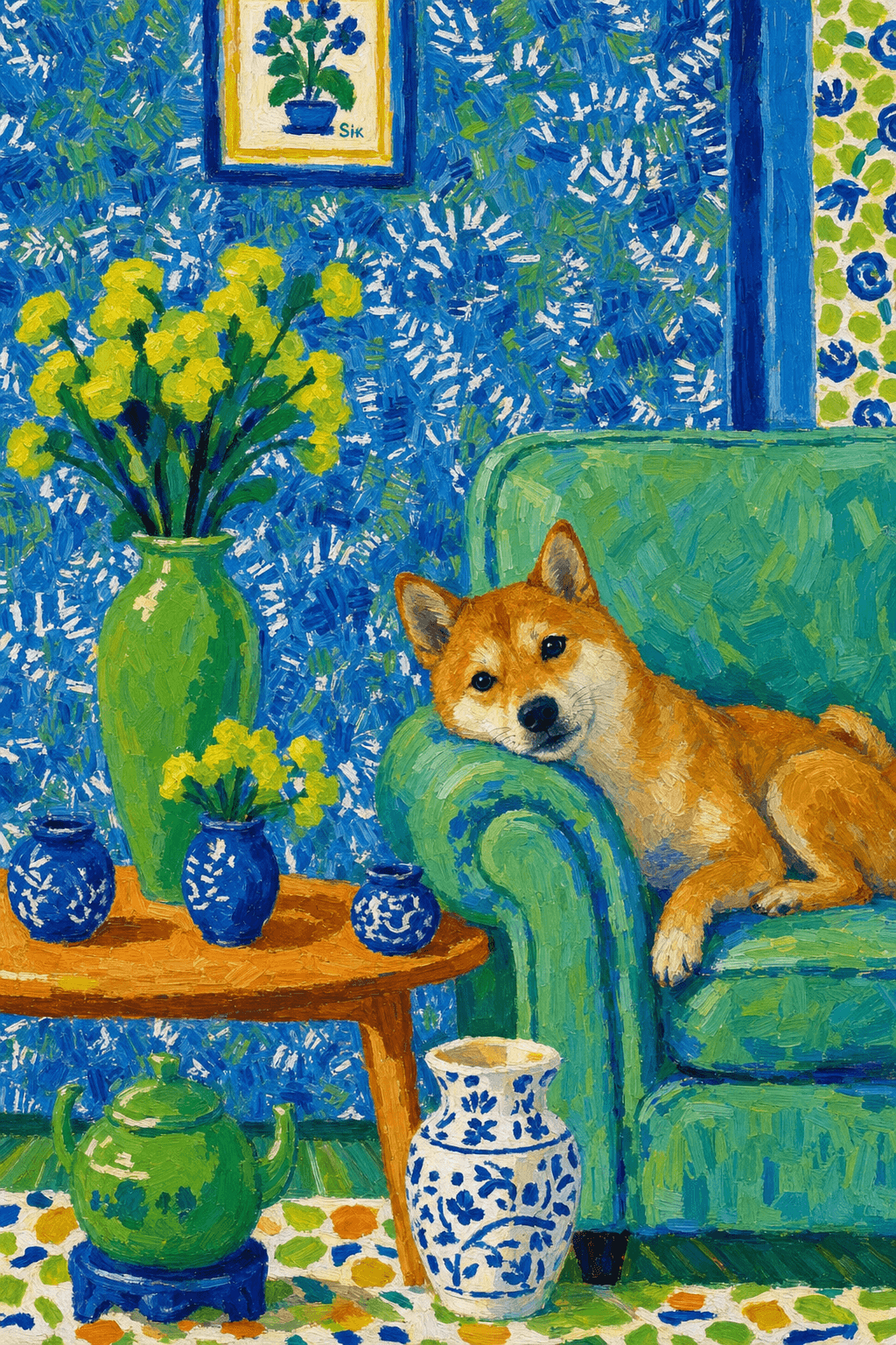 A pet lazy lying on the couch, with head tilt on the edge of couch, eye looking at the the vase. paint in post-impressionism style. Use saturated, non-naturalistic colors and flattened perspective reminiscent of Henri Matisse. painterly and expressive, utilizing thick, confident strokes and quick, rhythmic marks that prioritize texture and visual energy over realistic blending or depth.