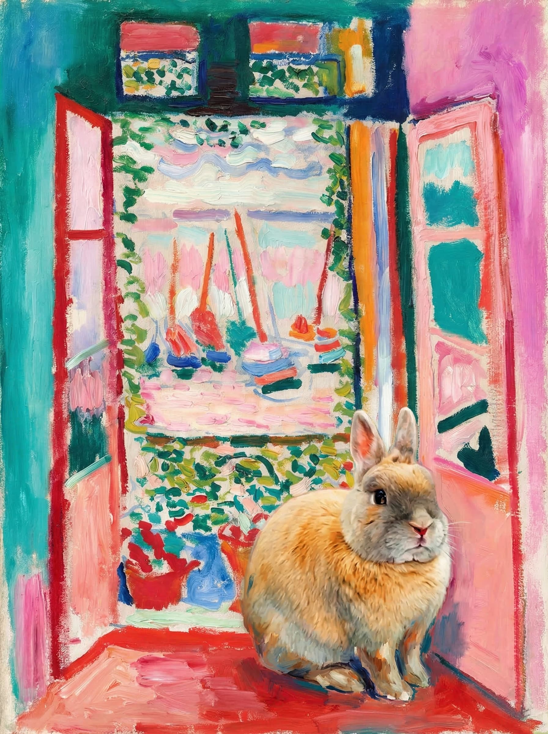 A pet sitting on the right bottom frame of an open door, with its back to the opening while facing the room, looking at the viewer, slight leaning on the right-side door panel. Paint in post-impressionism style. Use loosely painted, vibrantly colored, stylized, vertical painting.
