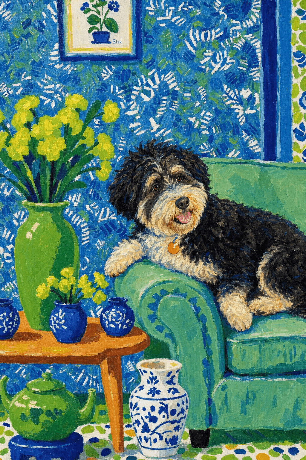 A pet lazy lying on the couch, with head tilt on the edge of couch, eye looking at the the vase. paint in post-impressionism style. Use saturated, non-naturalistic colors and flattened perspective reminiscent of Henri Matisse. painterly and expressive, utilizing thick, confident strokes and quick, rhythmic marks that prioritize texture and visual energy over realistic blending or depth.