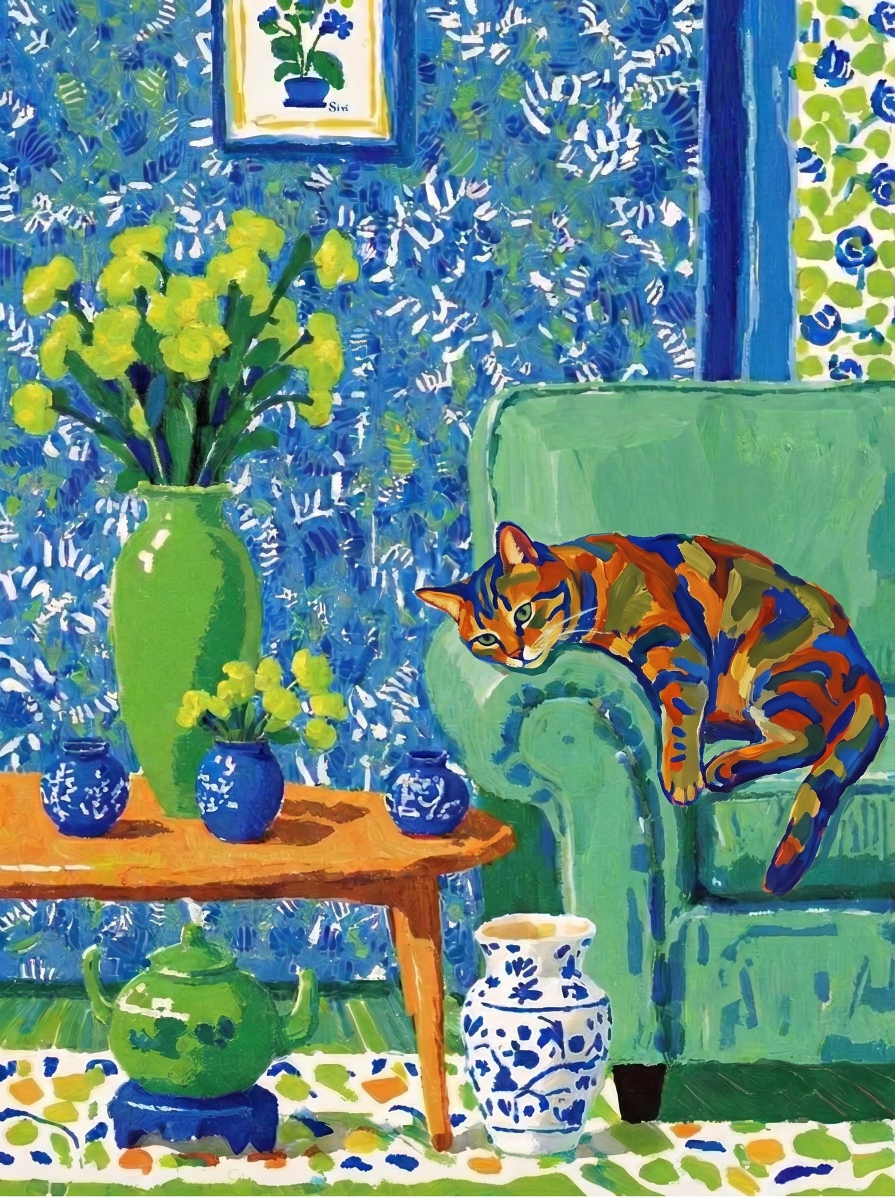 A pet lazy lying on the couch, with head tilt on the edge of couch, eye looking at the the vase. paint in post-impressionism style. Use saturated, non-naturalistic colors and flattened perspective reminiscent of Henri Matisse. painterly and expressive, utilizing thick, confident strokes and quick, rhythmic marks that prioritize texture and visual energy over realistic blending or depth.