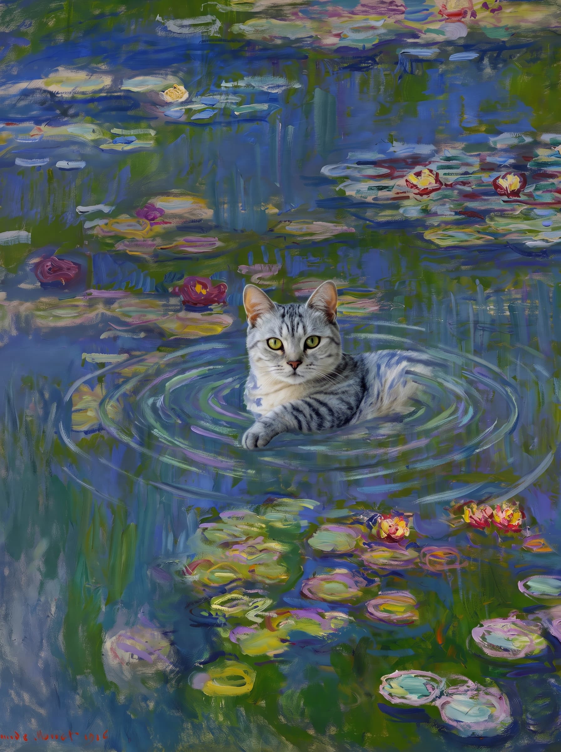 The pet should appear naturally integrated into the middle of the pond, swimming calmly through the water with only its head, upper neck, and a subtle suggestion of its back visible above the surface.
The pet should be facing forward and looking directly at the viewer. Its wet fur should be suggested through painterly strokes.
Blend the pet into the scene using Monet-like impressionist oil painting techniques: visible layered brushstrokes, soft broken color, blue-green reflections, violet shadows, golden-orange highlights, and shimmering ripples around the pet.
The water should partially obscure the pet’s body, with delicate circular ripples spreading outward. Nearby lily pads and water lilies should remain undisturbed but subtly interact with the ripples.
The pet must feel like it was originally painted into the artwork, not pasted on top. Match the atmospheric softness, painterly texture, scale, perspective, and color harmony of the original Water Lilies painting.
Avoid photorealism, sharp outlines, modern digital effects, or excessive detail. The final image should look like a whimsical impressionist oil painting in the spirit of late Monet, with the pet quietly swimming among the lily pads at the center of the pond.
Art Style: Paint in Fauvism, post-impressionism style. Use simplified shapes, exaggerates color, and flattens perspective to create charm and personality.
Use saturated, non-naturalistic colors and flattened perspective reminiscent of Henri Matisse.
The brushwork is loose, visible, and painterly, with uneven strokes that give the surface texture and movement.
Paint with large areas of flat color patches, simplified shapes, bold decorative outlines, and minimal blending.
The composition is flattened and slightly distorted, with compressed perspective.
The painting is expressive, utilizing thick, confident strokes and quick, rhythmic marks that prioritize texture and visual energy over realistic blending or depth.