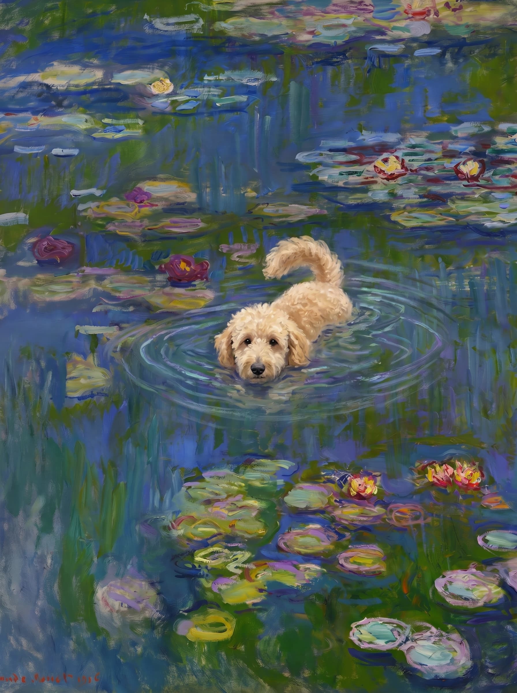The pet should appear naturally integrated into the middle of the pond, swimming calmly through the water with only its head, upper neck, and a subtle suggestion of its back visible above the surface.
The pet should be facing forward and looking directly at the viewer. Its wet fur should be suggested through painterly strokes.
Blend the pet into the scene using Monet-like impressionist oil painting techniques: visible layered brushstrokes, soft broken color, blue-green reflections, violet shadows, golden-orange highlights, and shimmering ripples around the pet.
The water should partially obscure the pet’s body, with delicate circular ripples spreading outward. Nearby lily pads and water lilies should remain undisturbed but subtly interact with the ripples.
The pet must feel like it was originally painted into the artwork, not pasted on top. Match the atmospheric softness, painterly texture, scale, perspective, and color harmony of the original Water Lilies painting.
Avoid photorealism, sharp outlines, modern digital effects, or excessive detail. The final image should look like a whimsical impressionist oil painting in the spirit of late Monet, with the pet quietly swimming among the lily pads at the center of the pond.
Art Style: Paint in Fauvism, post-impressionism style. Use simplified shapes, exaggerates color, and flattens perspective to create charm and personality.
Use saturated, non-naturalistic colors and flattened perspective reminiscent of Henri Matisse.
The brushwork is loose, visible, and painterly, with uneven strokes that give the surface texture and movement.
Paint with large areas of flat color patches, simplified shapes, bold decorative outlines, and minimal blending.
The composition is flattened and slightly distorted, with compressed perspective.
The painting is expressive, utilizing thick, confident strokes and quick, rhythmic marks that prioritize texture and visual energy over realistic blending or depth.