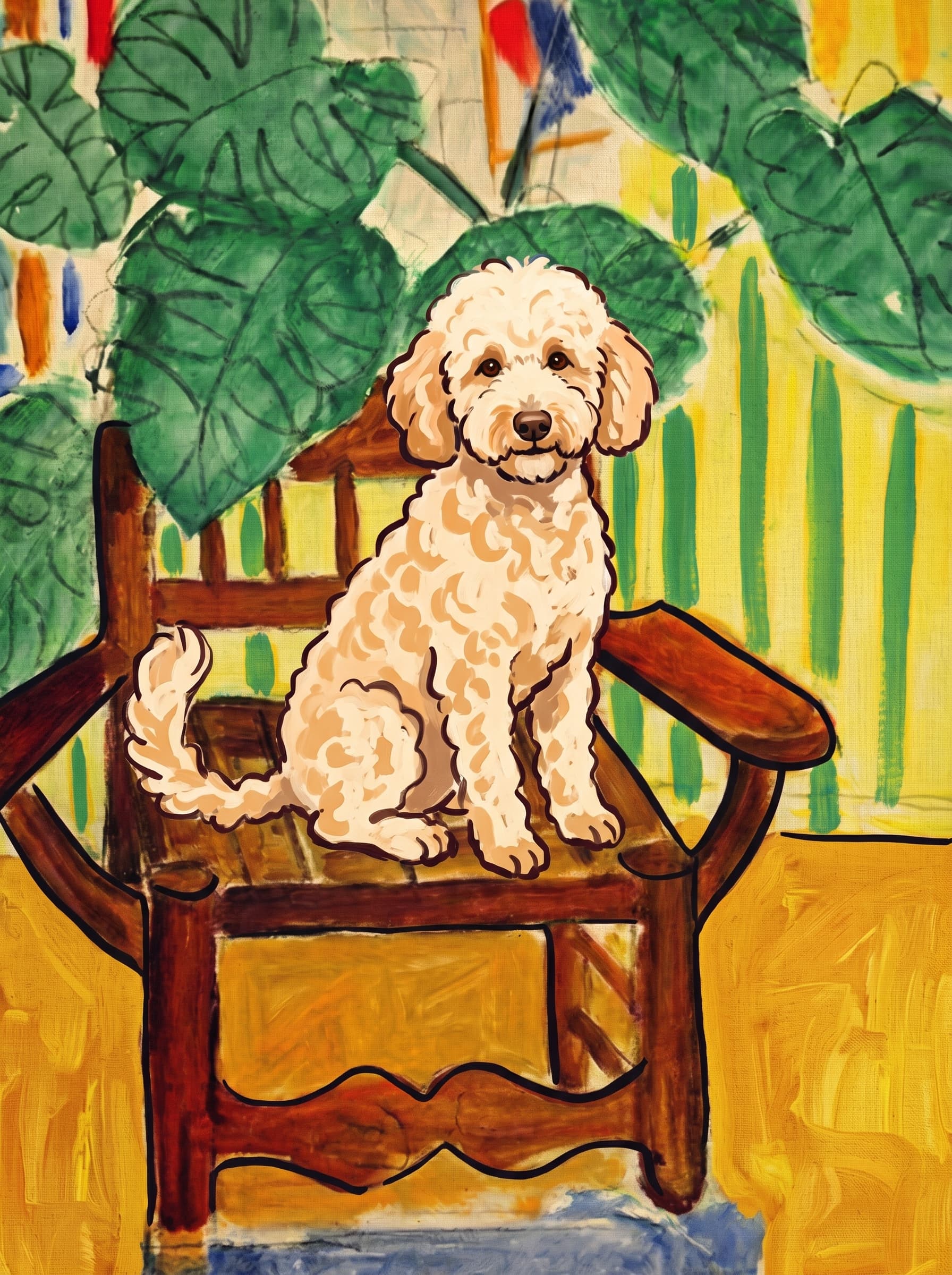 A pet sitting on a brown chair, looking at the viewer. Art Style: Paint in Fauvism, post-impressionism style. Use simplified shapes, exaggerates color, and flattens perspective to create charm and personality.
Use saturated, non-naturalistic colors and flattened perspective reminiscent of Henri Matisse.
The brushwork is loose, visible, and painterly, with uneven strokes that give the surface texture and movement.
Paint with large areas of flat color patches, simplified shapes, bold decorative outlines, and minimal blending.
The composition is flattened and slightly distorted, with compressed perspective.
The painting is expressive, utilizing thick, confident strokes and quick, rhythmic marks that prioritize texture and visual energy over realistic blending or depth.