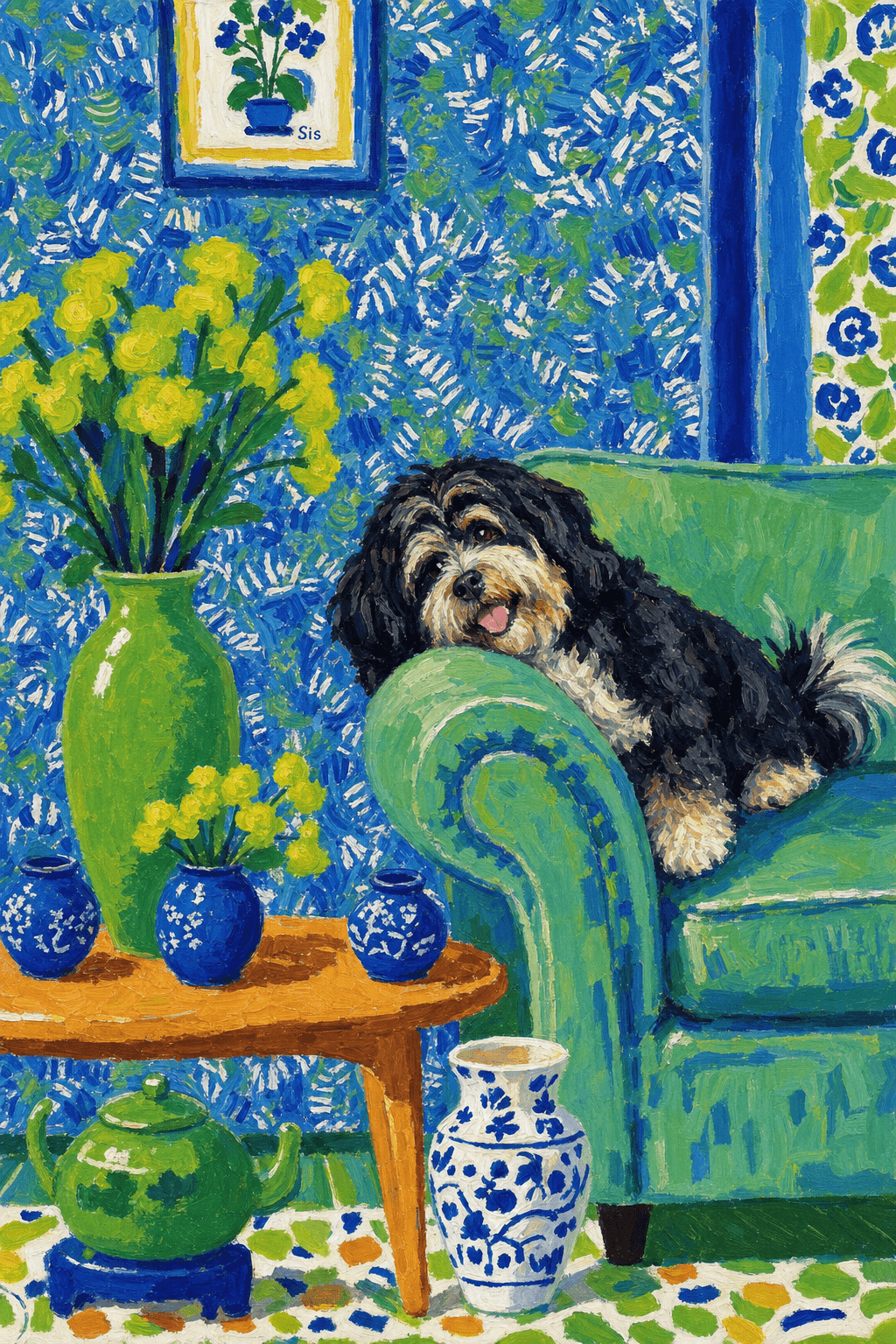 A pet lazy lying on the couch, with head tilt on the edge of couch, eye looking at the the vase. paint in post-impressionism style. Use saturated, non-naturalistic colors and flattened perspective reminiscent of Henri Matisse. painterly and expressive, utilizing thick, confident strokes and quick, rhythmic marks that prioritize texture and visual energy over realistic blending or depth.