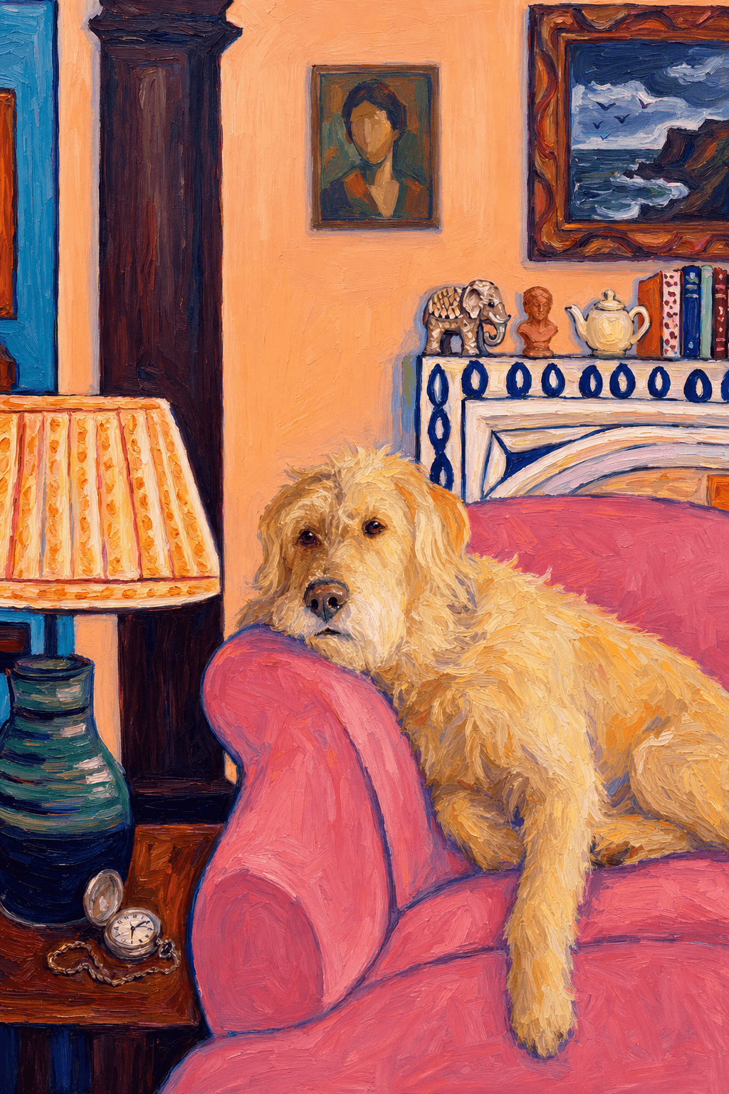 The painting shows a cozy, colorful interior with a warm peach wall and a large pink sofa in the foreground. 
      The pet is resting lazily on a bright pink velvet couch. The pet’s head is rested on the arm of the couch, looked completely relaxed and content. 
      The overall mood is cheerful and intimate, with bold outlines, visible brushstrokes, and slightly simplified forms. 
      Paint in Fauvism, post-impressionism style. Use simplified shapes, exaggerates color, and flattens perspective to create charm and personality.
Use saturated, non-naturalistic colors and flattened perspective reminiscent of Henri Matisse.
The brushwork is loose, visible, and painterly, with uneven strokes that give the surface texture and movement.
The composition is flattened and slightly distorted, with compressed perspective.
The painting is expressive, utilizing thick, confident strokes and quick, rhythmic marks that prioritize texture and visual energy over realistic blending or depth.