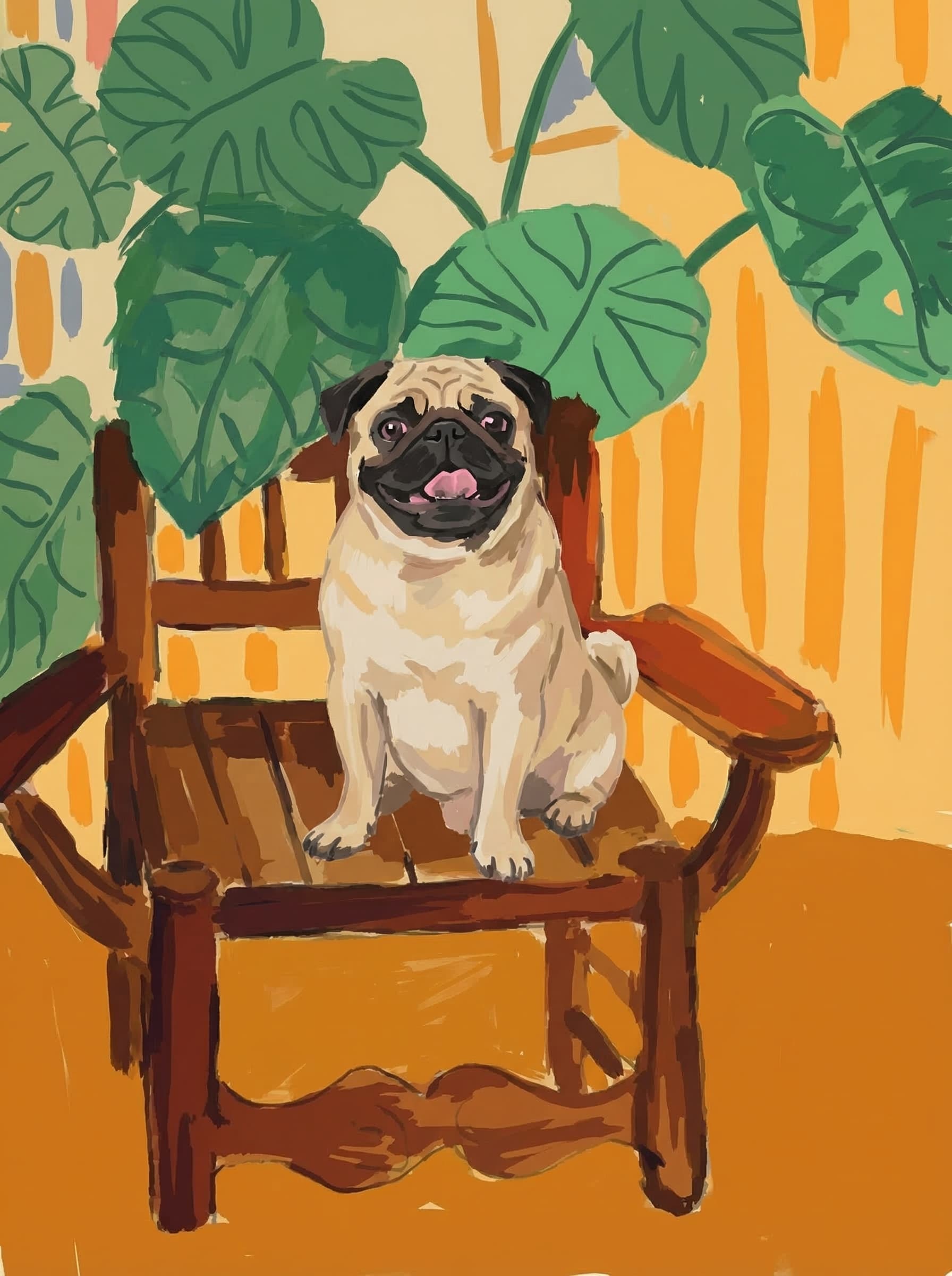 A pet sitting on a brown chair, looking at the viewer. Colors are applied with minimal blending, creating a flat, illustrative feel. The brushwork is broad, rapid, and direct. Strokes are loose, visible, applied thinly, defining the forms quickly without building up significant physical texture or impasto on the surface.