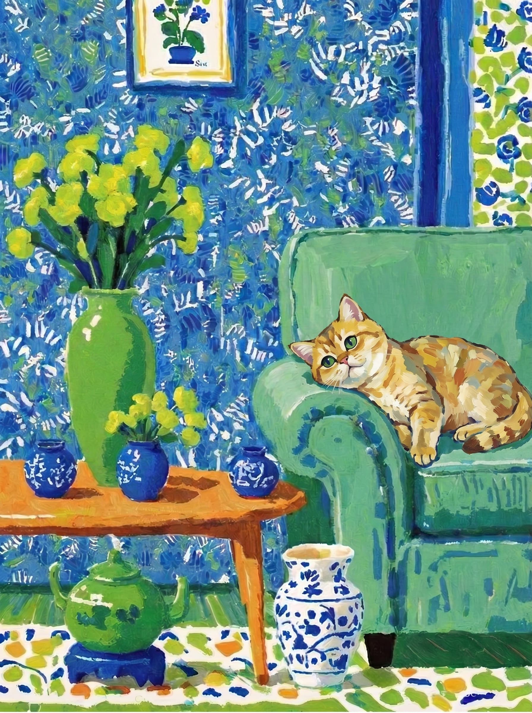 A pet lazy lying on the couch, with head tilt on the edge of couch, eye looking at the the vase. Art Style: Paint in Fauvism, post-impressionism style. Use simplified shapes, exaggerates color, and flattens perspective to create charm and personality.
Use saturated, non-naturalistic colors and flattened perspective reminiscent of Henri Matisse.
The brushwork is loose, visible, and painterly, with uneven strokes that give the surface texture and movement.
Paint with large areas of flat color patches, simplified shapes, bold decorative outlines, and minimal blending.
The composition is flattened and slightly distorted, with compressed perspective.
The painting is expressive, utilizing thick, confident strokes and quick, rhythmic marks that prioritize texture and visual energy over realistic blending or depth.