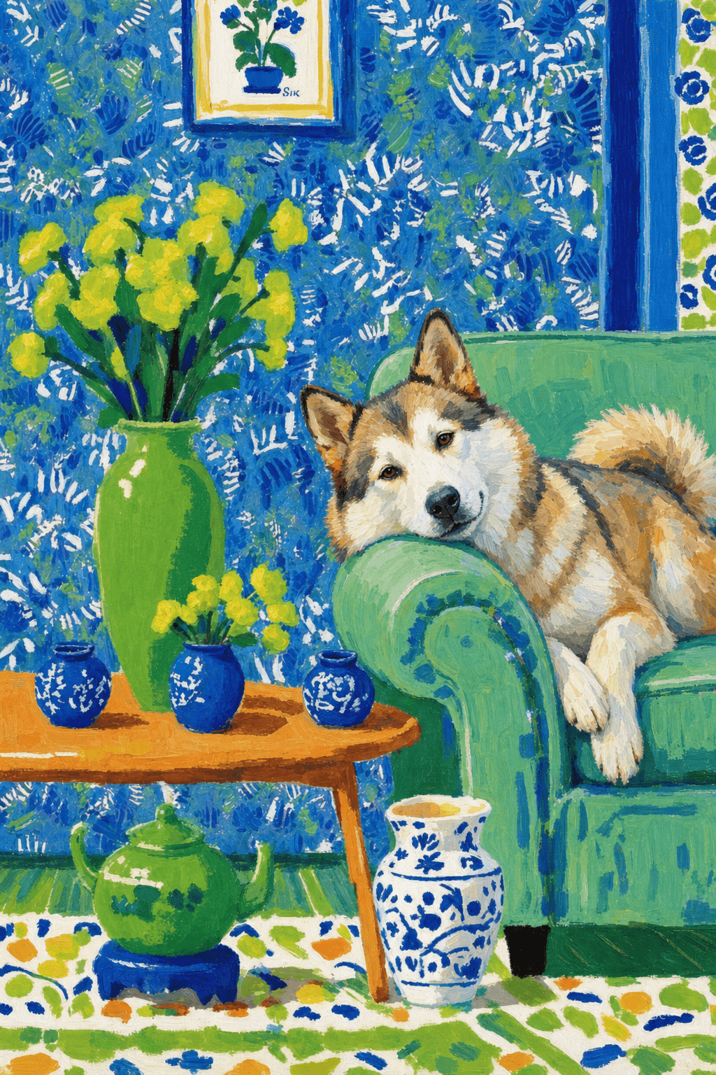 A pet lazy lying on the couch, with head tilt on the edge of couch, eye looking at the the vase. paint in post-impressionism style. Use saturated, non-naturalistic colors and flattened perspective reminiscent of Henri Matisse. painterly and expressive, utilizing thick, confident strokes and quick, rhythmic marks that prioritize texture and visual energy over realistic blending or depth.