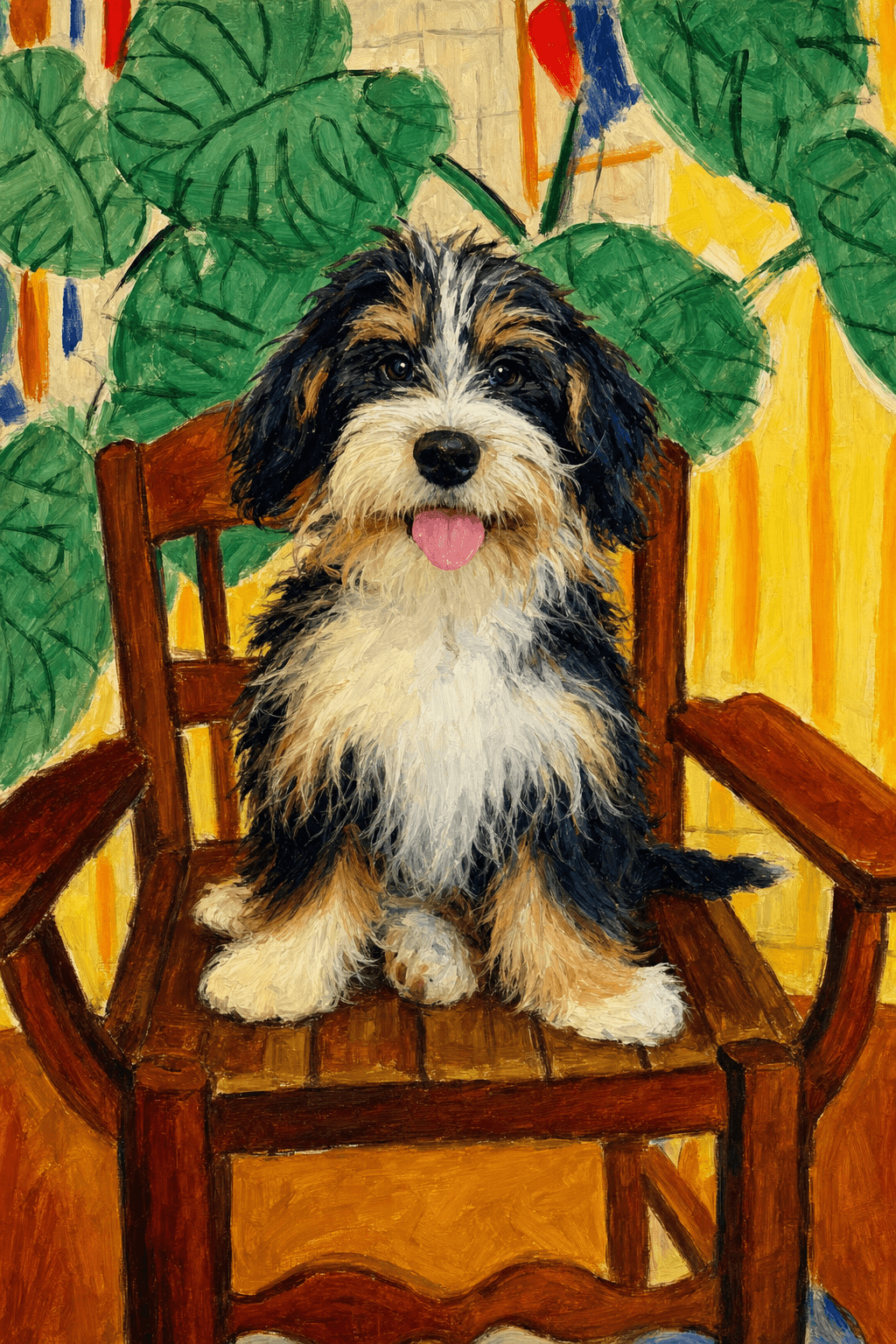A pet sitting on a brown chair, looking at the viewer. Colors are applied with minimal blending, creating a flat, illustrative feel. The brushwork is broad, rapid, and direct. Strokes are loose, visible, applied thinly, defining the forms quickly without building up significant physical texture or impasto on the surface.