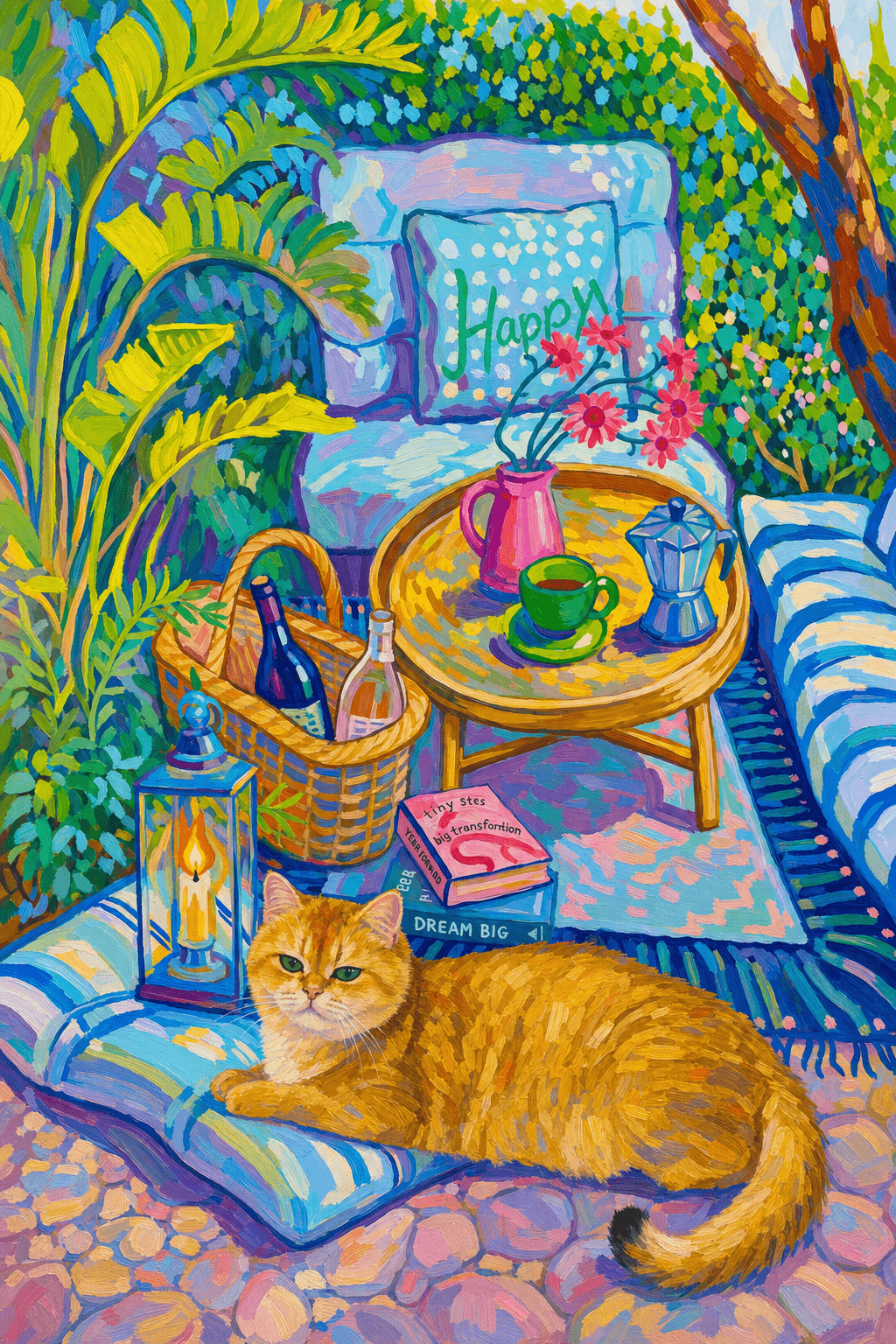 a cozy garden patio filled with lush tropical greenery, blue-and-white striped cushions, a round rattan table, picnic basket, lantern, books, flowers.
      The pet is lazily resting in the foreground, almost fall asleep with a relaxed and content expression.
      The composition feels intimate and inviting, with foliage and a tree trunk framing the scene, the circular table anchoring the center, and expressive brushwork plus dappled light creating a lively, relaxed outdoor atmosphere.
      Art Style: Paint in Fauvism, post-impressionism style. Use simplified shapes, exaggerates color, and flattens perspective to create charm and personality.
Use saturated, non-naturalistic colors and flattened perspective reminiscent of Henri Matisse.
The brushwork is loose, visible, and painterly, with uneven strokes that give the surface texture and movement.
Paint with large areas of flat color patches, simplified shapes, bold decorative outlines, and minimal blending.
The composition is flattened and slightly distorted, with compressed perspective.
The painting is expressive, utilizing thick, confident strokes and quick, rhythmic marks that prioritize texture and visual energy over realistic blending or depth.
