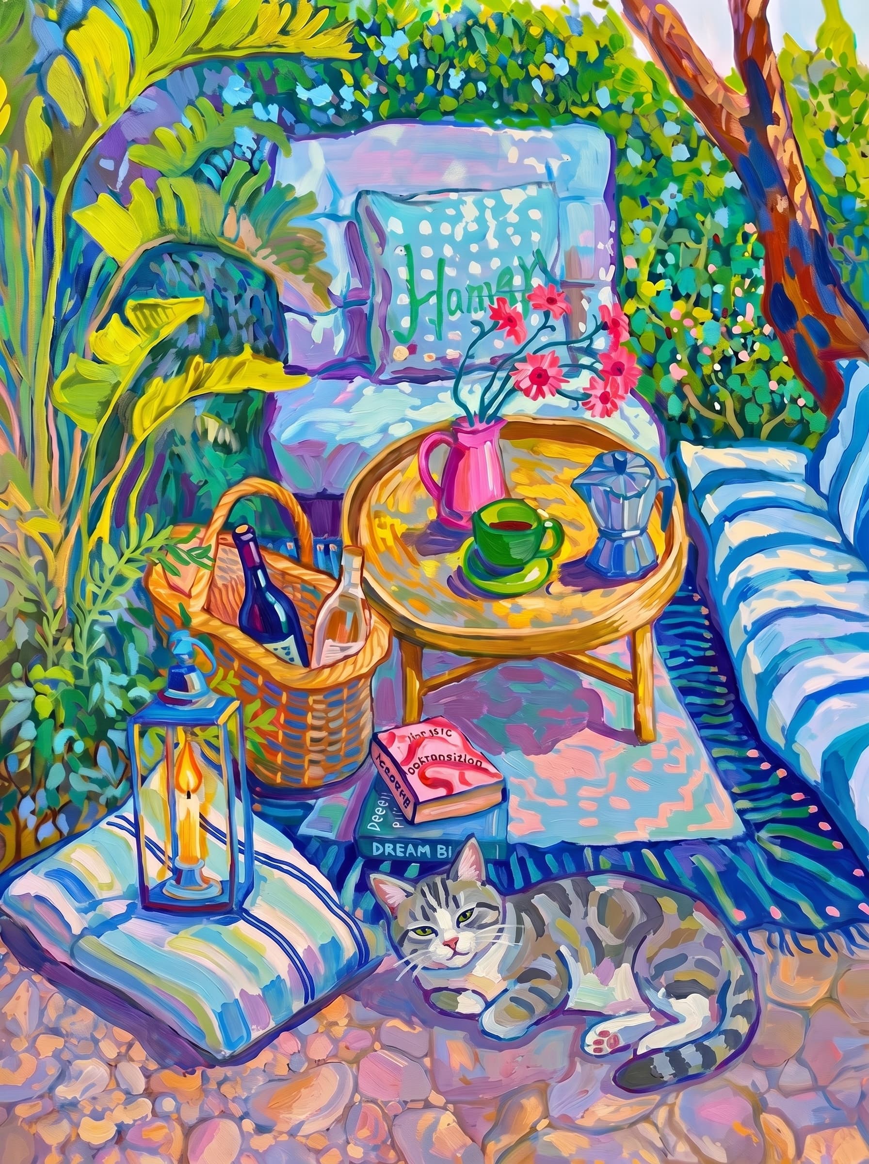a cozy garden patio filled with lush tropical greenery, blue-and-white striped cushions, a round rattan table, picnic basket, lantern, books, flowers.
The pet is lazily resting in the foreground, almost fall asleep with a relaxed and content expression.
The composition feels intimate and inviting, with foliage and a tree trunk framing the scene, the circular table anchoring the center, and expressive brushwork plus dappled light creating a lively, relaxed outdoor atmosphere.
Art Style: Paint in Fauvism, post-impressionism style. Use simplified shapes, exaggerates color, and flattens perspective to create charm and personality.
Use saturated, non-naturalistic colors and flattened perspective reminiscent of Henri Matisse.
The brushwork is loose, visible, and painterly, with uneven strokes that give the surface texture and movement.
Paint with large areas of flat color patches, simplified shapes, bold decorative outlines, and minimal blending.
The composition is flattened and slightly distorted, with compressed perspective.
The painting is expressive, utilizing thick, confident strokes and quick, rhythmic marks that prioritize texture and visual energy over realistic blending or depth.