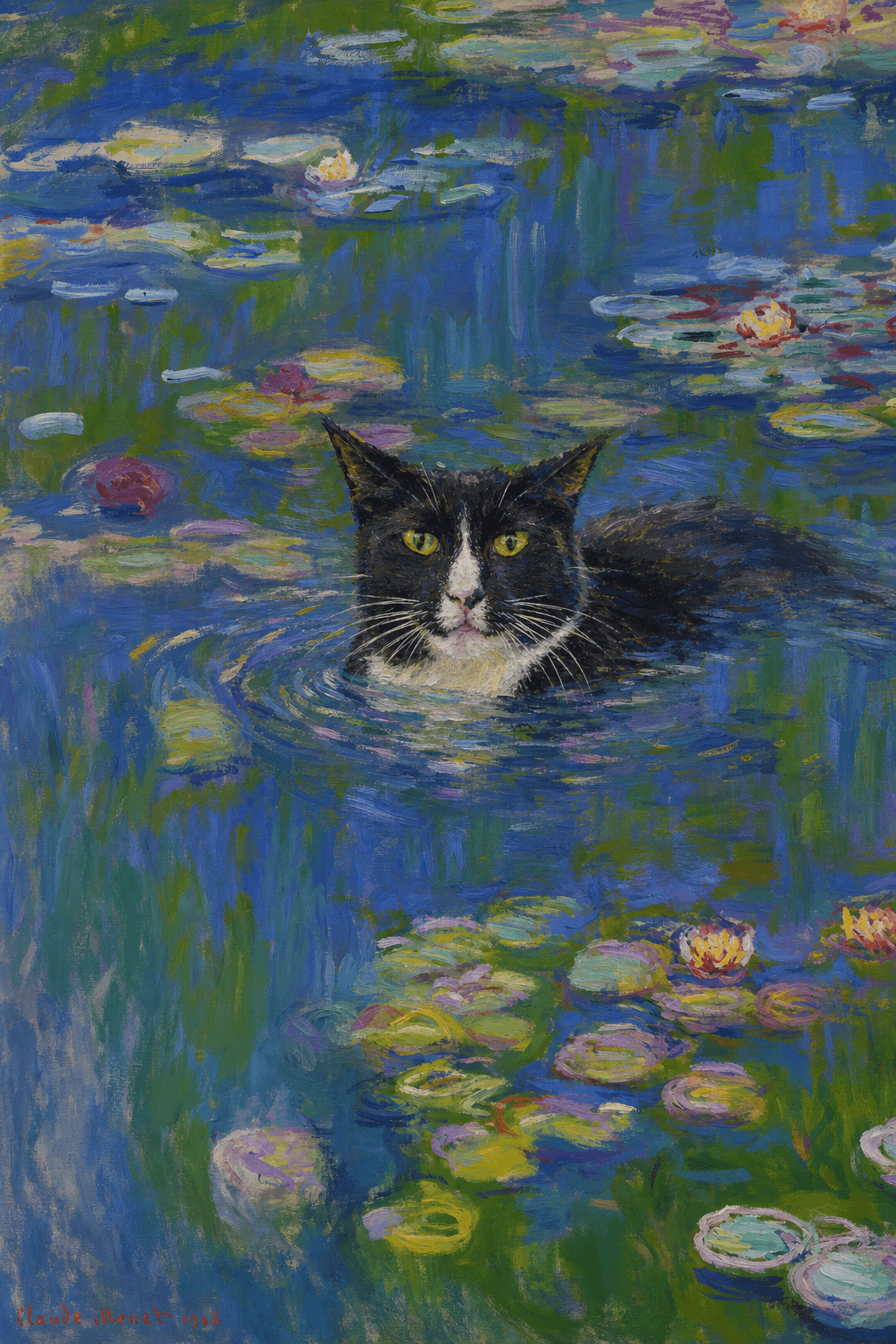The pet should appear naturally integrated into the middle of the pond, swimming calmly through the water with only its head, upper neck, and a subtle suggestion of its back visible above the surface.
      The pet should be facing forward and looking directly at the viewer. Its wet fur should be suggested through painterly strokes.
      Blend the pet into the scene using Monet-like impressionist oil painting techniques: visible layered brushstrokes, soft broken color, blue-green reflections, violet shadows, golden-orange highlights, and shimmering ripples around the pet. 
      The water should partially obscure the pet’s body, with delicate circular ripples spreading outward. Nearby lily pads and water lilies should remain undisturbed but subtly interact with the ripples.
      The pet must feel like it was originally painted into the artwork, not pasted on top. Match the atmospheric softness, painterly texture, scale, perspective, and color harmony of the original Water Lilies painting. 
      Avoid photorealism, sharp outlines, modern digital effects, or excessive detail. The final image should look like a whimsical impressionist oil painting in the spirit of late Monet, with the pet quietly swimming among the lily pads at the center of the pond.
      Art Style: Paint in Fauvism, post-impressionism style. Use simplified shapes, exaggerates color, and flattens perspective to create charm and personality.
Use saturated, non-naturalistic colors and flattened perspective reminiscent of Henri Matisse.
The brushwork is loose, visible, and painterly, with uneven strokes that give the surface texture and movement.
Paint with large areas of flat color patches, simplified shapes, bold decorative outlines, and minimal blending.
The composition is flattened and slightly distorted, with compressed perspective.
The painting is expressive, utilizing thick, confident strokes and quick, rhythmic marks that prioritize texture and visual energy over realistic blending or depth.