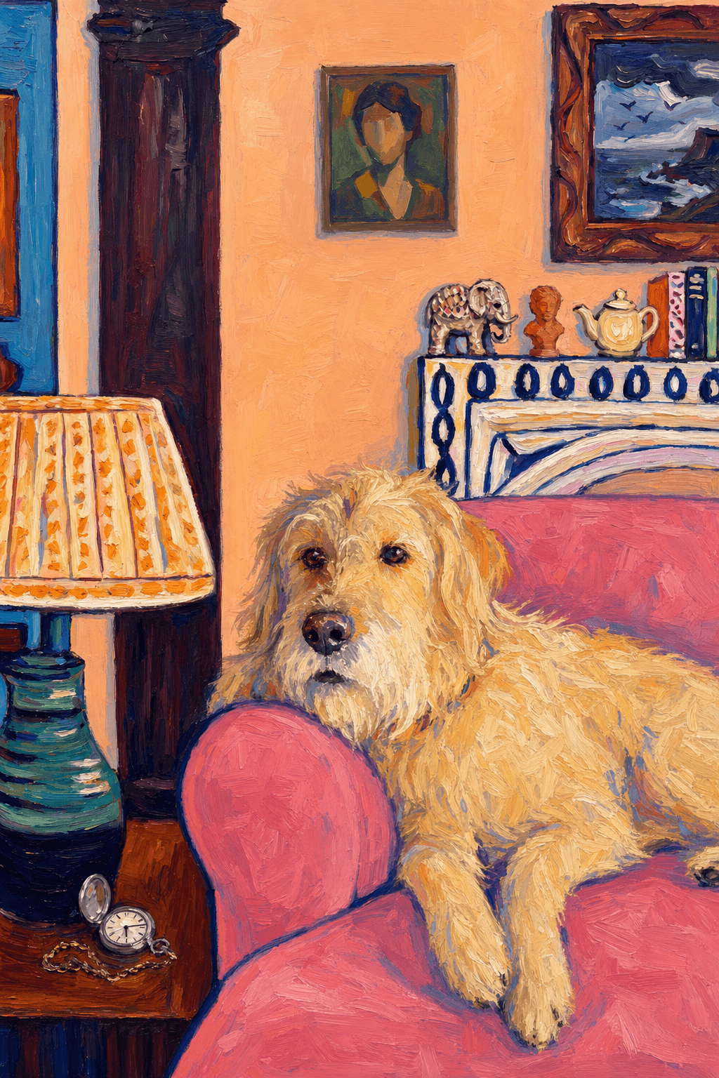 The painting shows a cozy, colorful interior with a warm peach wall and a large pink sofa in the foreground. 
      The pet is resting lazily on a bright pink velvet couch. The pet’s head is rested on the arm of the couch, looked completely relaxed and content. 
      The overall mood is cheerful and intimate, with bold outlines, visible brushstrokes, and slightly simplified forms. 
      Paint in Fauvism, post-impressionism style. Use simplified shapes, exaggerates color, and flattens perspective to create charm and personality.
Use saturated, non-naturalistic colors and flattened perspective reminiscent of Henri Matisse.
The brushwork is loose, visible, and painterly, with uneven strokes that give the surface texture and movement.
The composition is flattened and slightly distorted, with compressed perspective.
The painting is expressive, utilizing thick, confident strokes and quick, rhythmic marks that prioritize texture and visual energy over realistic blending or depth.