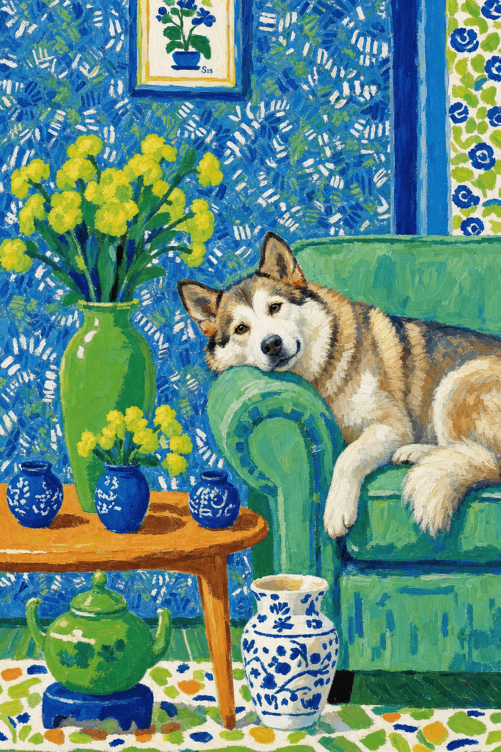 A pet lazy lying on the couch, with head tilt on the edge of couch, eye looking at the the vase. paint in post-impressionism style. Use saturated, non-naturalistic colors and flattened perspective reminiscent of Henri Matisse. painterly and expressive, utilizing thick, confident strokes and quick, rhythmic marks that prioritize texture and visual energy over realistic blending or depth.