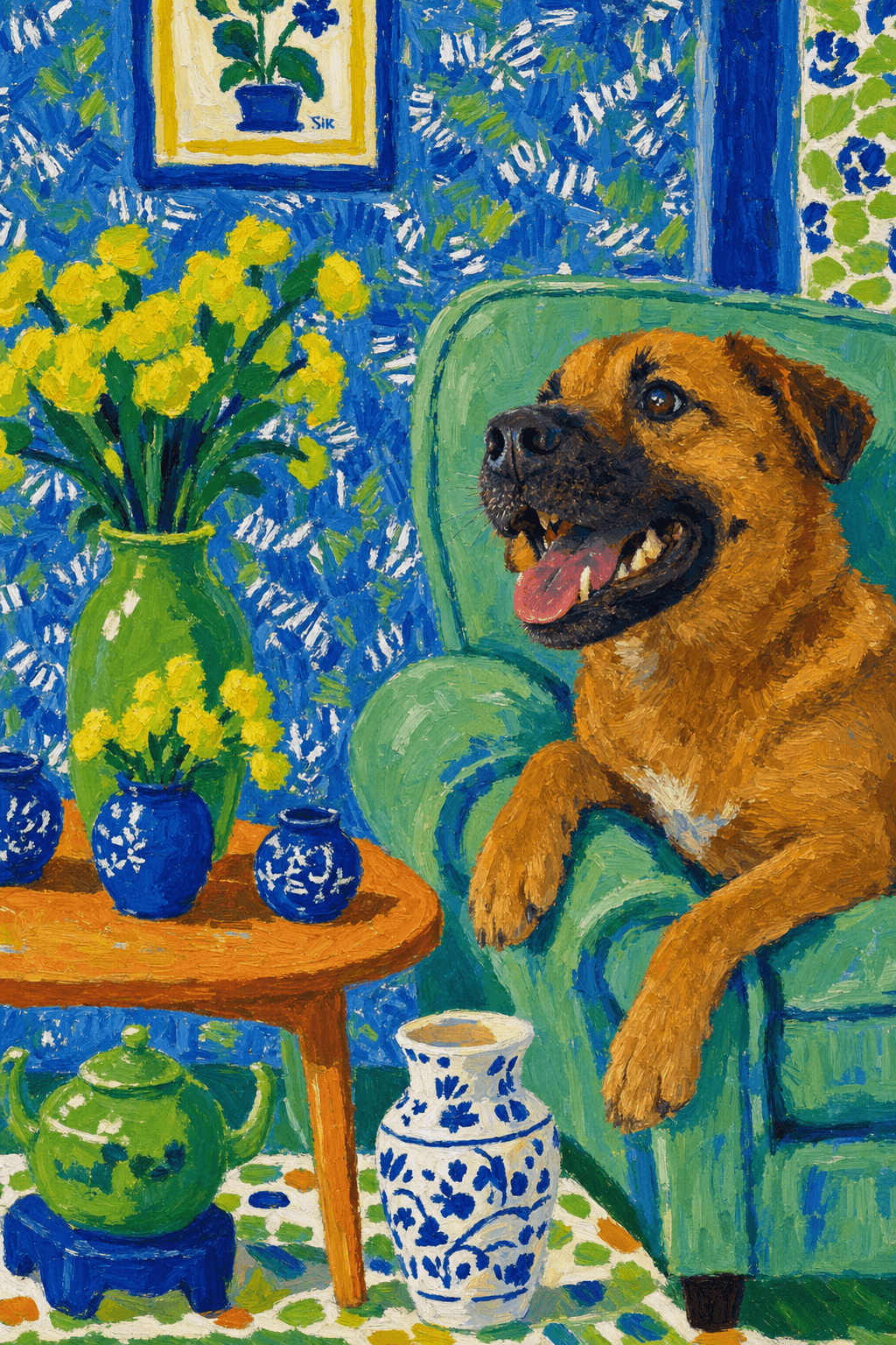 A pet lazy lying on the couch, with head tilt on the edge of couch, eye looking at the the vase. paint in post-impressionism style. Use saturated, non-naturalistic colors and flattened perspective reminiscent of Henri Matisse. painterly and expressive, utilizing thick, confident strokes and quick, rhythmic marks that prioritize texture and visual energy over realistic blending or depth.