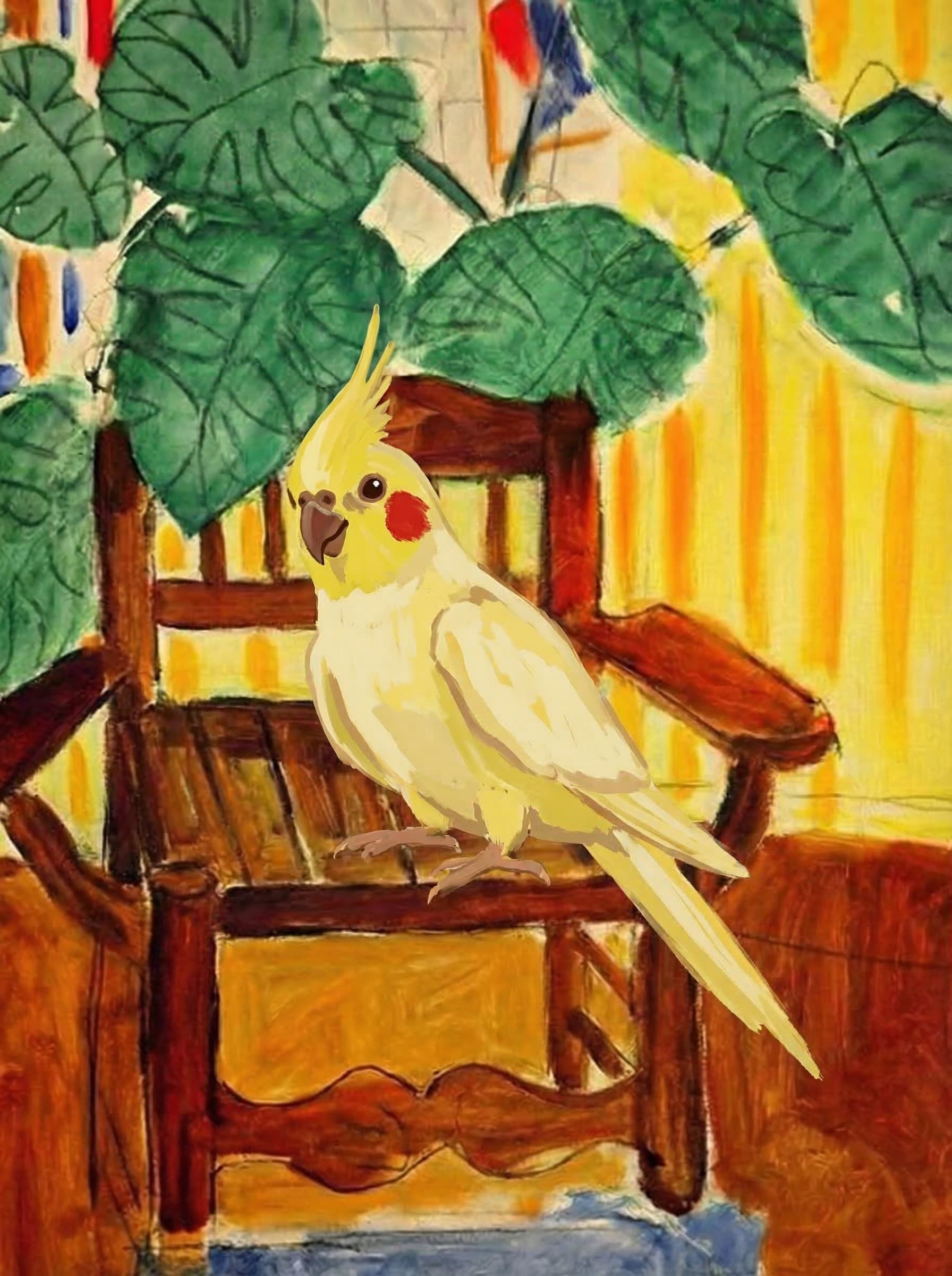A pet sitting on a brown chair, looking at the viewer. Colors are applied with minimal blending, creating a flat, illustrative feel. The brushwork is broad, rapid, and direct. Strokes are loose, visible, applied thinly, defining the forms quickly without building up significant physical texture or impasto on the surface.