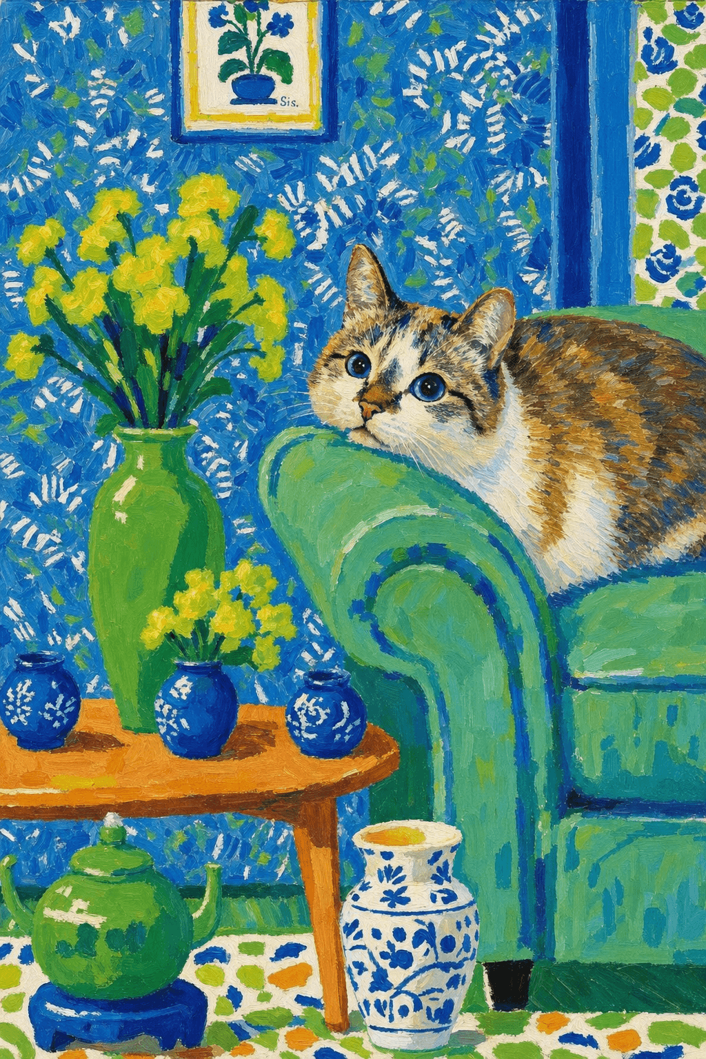 A pet lazy lying on the couch, with head tilt on the edge of couch, eye looking at the the vase. paint in post-impressionism style. Use saturated, non-naturalistic colors and flattened perspective reminiscent of Henri Matisse. painterly and expressive, utilizing thick, confident strokes and quick, rhythmic marks that prioritize texture and visual energy over realistic blending or depth.