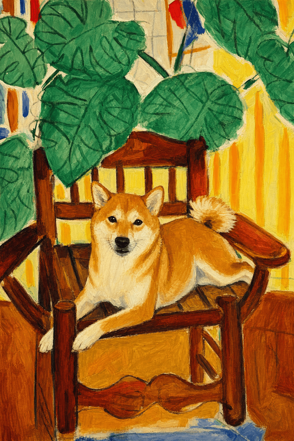 A pet sitting on a brown chair, looking at the viewer. Colors are applied with minimal blending, creating a flat, illustrative feel. The brushwork is broad, rapid, and direct. Strokes are loose, visible, applied thinly, defining the forms quickly without building up significant physical texture or impasto on the surface.