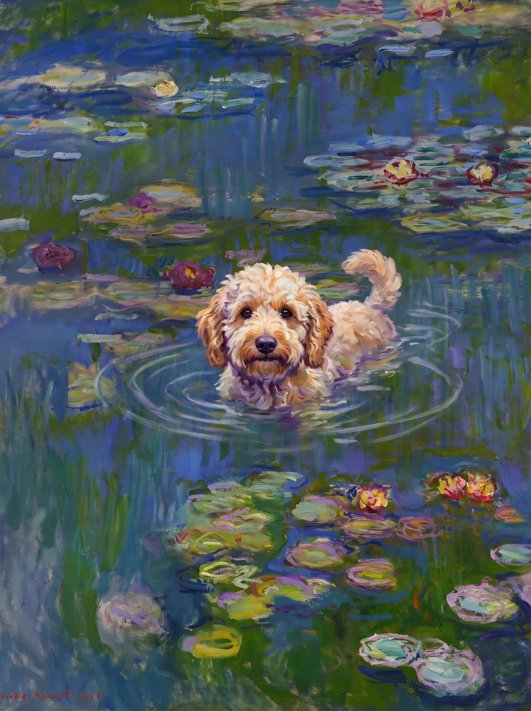 The pet should appear naturally integrated into the middle of the pond, swimming calmly through the water with only its head, upper neck, and a subtle suggestion of its back visible above the surface.
The pet should be facing forward and looking directly at the viewer. Its wet fur should be suggested through painterly strokes.
Blend the pet into the scene using Monet-like impressionist oil painting techniques: visible layered brushstrokes, soft broken color, blue-green reflections, violet shadows, golden-orange highlights, and shimmering ripples around the pet.
The water should partially obscure the pet’s body, with delicate circular ripples spreading outward. Nearby lily pads and water lilies should remain undisturbed but subtly interact with the ripples.
The pet must feel like it was originally painted into the artwork, not pasted on top. Match the atmospheric softness, painterly texture, scale, perspective, and color harmony of the original Water Lilies painting.
Avoid photorealism, sharp outlines, modern digital effects, or excessive detail. The final image should look like a whimsical impressionist oil painting in the spirit of late Monet, with the pet quietly swimming among the lily pads at the center of the pond.
Art Style: Paint in Fauvism, post-impressionism style. Use simplified shapes, exaggerates color, and flattens perspective to create charm and personality.
Use saturated, non-naturalistic colors and flattened perspective reminiscent of Henri Matisse.
The brushwork is loose, visible, and painterly, with uneven strokes that give the surface texture and movement.
Paint with large areas of flat color patches, simplified shapes, bold decorative outlines, and minimal blending.
The composition is flattened and slightly distorted, with compressed perspective.
The painting is expressive, utilizing thick, confident strokes and quick, rhythmic marks that prioritize texture and visual energy over realistic blending or depth.