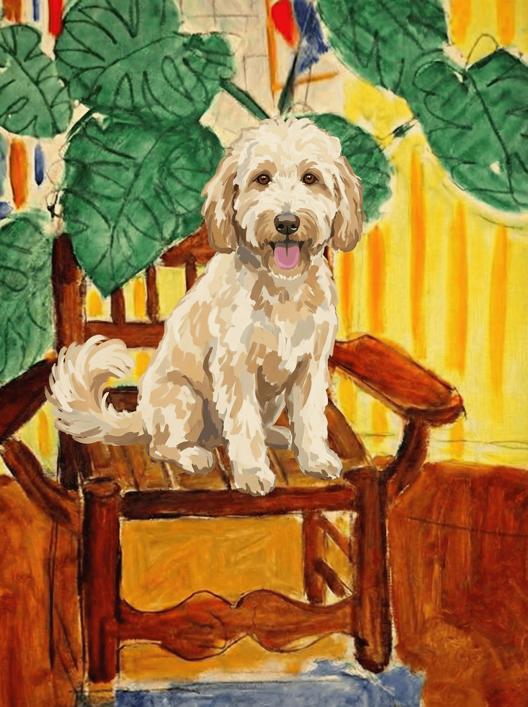 A pet sitting on a brown chair, looking at the viewer. Colors are applied with minimal blending, creating a flat, illustrative feel. The brushwork is broad, rapid, and direct. Strokes are loose, visible, applied thinly, defining the forms quickly without building up significant physical texture or impasto on the surface.