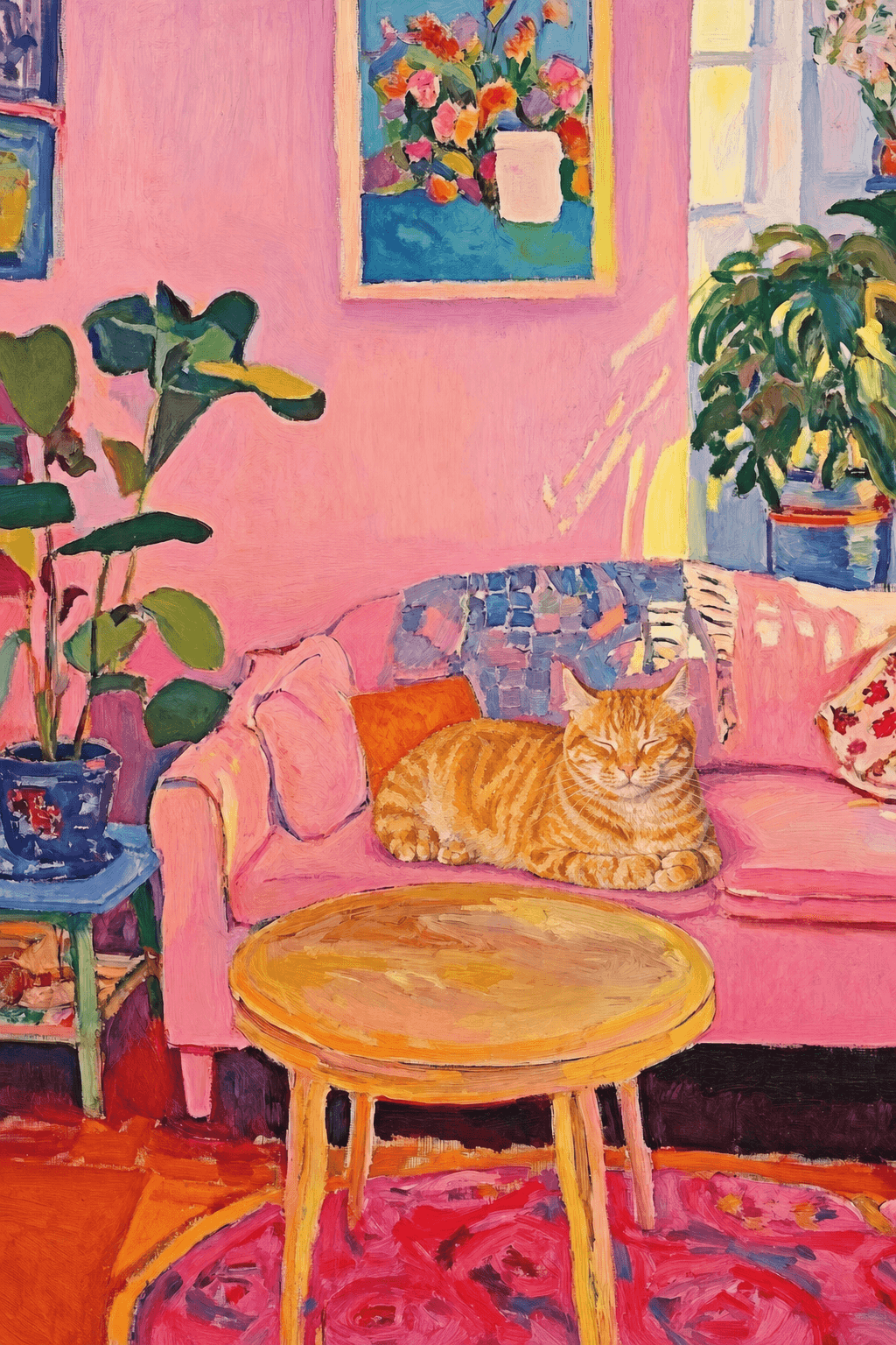 The painting shows a cozy, colorful interior with a warm pink wall and a large pink sofa in the foreground.
The pet is resting lazily on a bright pink velvet sofa. The pet’s looked completely relaxed and content.
The overall mood is cheerful and intimate, with bold outlines, visible brushstrokes, and slightly simplified forms.
Art Style: Paint in Fauvism, post-impressionism style. Use simplified shapes, exaggerates color, and flattens perspective to create charm and personality.
Use saturated, non-naturalistic colors and flattened perspective reminiscent of Henri Matisse.
The brushwork is loose, visible, and painterly, with uneven strokes that give the surface texture and movement.
Paint with large areas of flat color patches, simplified shapes, bold decorative outlines, and minimal blending.
The composition is flattened and slightly distorted, with compressed perspective.
The painting is expressive, utilizing thick, confident strokes and quick, rhythmic marks that prioritize texture and visual energy over realistic blending or depth.