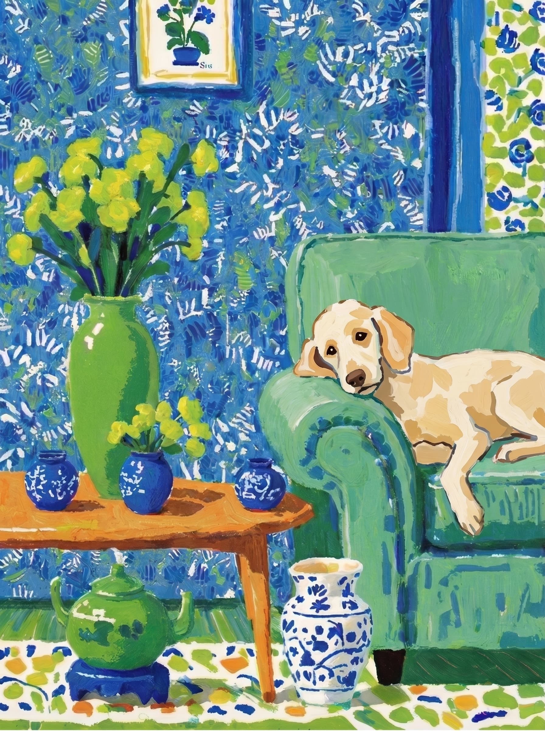 A pet lazy lying on the couch, with head tilt on the edge of couch, eye looking at the the vase. Art Style: Paint in Fauvism, post-impressionism style. Use simplified shapes, exaggerates color, and flattens perspective to create charm and personality.
Use saturated, non-naturalistic colors and flattened perspective reminiscent of Henri Matisse.
The brushwork is loose, visible, and painterly, with uneven strokes that give the surface texture and movement.
Paint with large areas of flat color patches, simplified shapes, bold decorative outlines, and minimal blending.
The composition is flattened and slightly distorted, with compressed perspective.
The painting is expressive, utilizing thick, confident strokes and quick, rhythmic marks that prioritize texture and visual energy over realistic blending or depth.