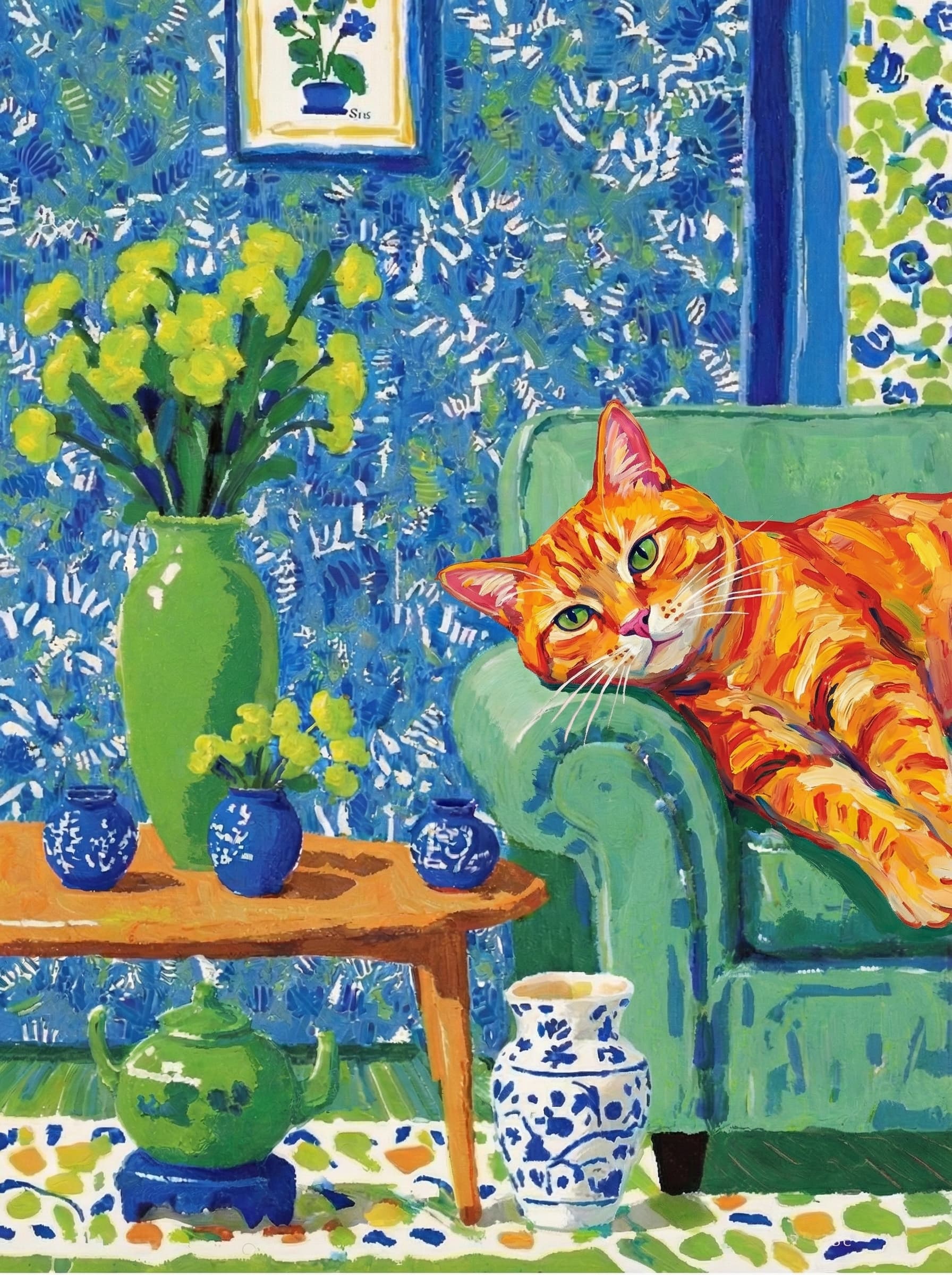 A pet lazy lying on the couch, with head tilt on the edge of couch, eye looking at the the vase. paint in post-impressionism style. Use saturated, non-naturalistic colors and flattened perspective reminiscent of Henri Matisse. painterly and expressive, utilizing thick, confident strokes and quick, rhythmic marks that prioritize texture and visual energy over realistic blending or depth.