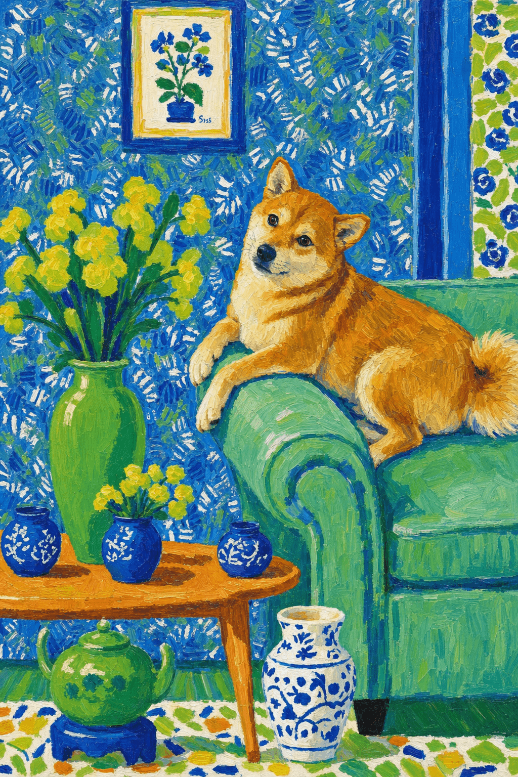 A pet lazy lying on the couch, with head tilt on the edge of couch, eye looking at the the vase. paint in post-impressionism style. Use saturated, non-naturalistic colors and flattened perspective reminiscent of Henri Matisse. painterly and expressive, utilizing thick, confident strokes and quick, rhythmic marks that prioritize texture and visual energy over realistic blending or depth.
