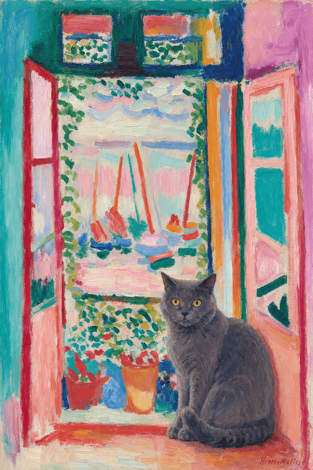 A pet sitting on the right bottom frame of an open door, with its back to the opening while facing the room, looking at the viewer, slight leaning on the right-side door panel. Paint in post-impressionism style. Use loosely painted, vibrantly colored, stylized, vertical painting.
