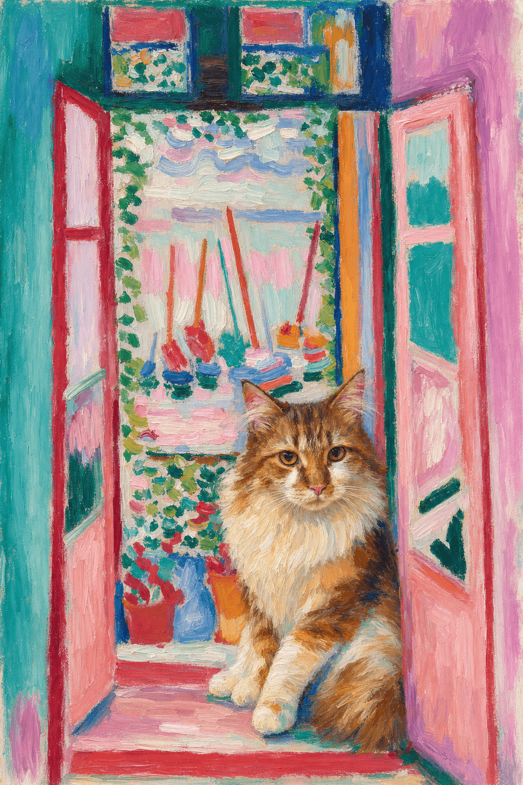 A pet sitting on the right bottom frame of an open door, with its back to the opening while facing the room, looking at the viewer, slight leaning on the right-side door panel. Paint in post-impressionism style. Use loosely painted, vibrantly colored, stylized, vertical painting.