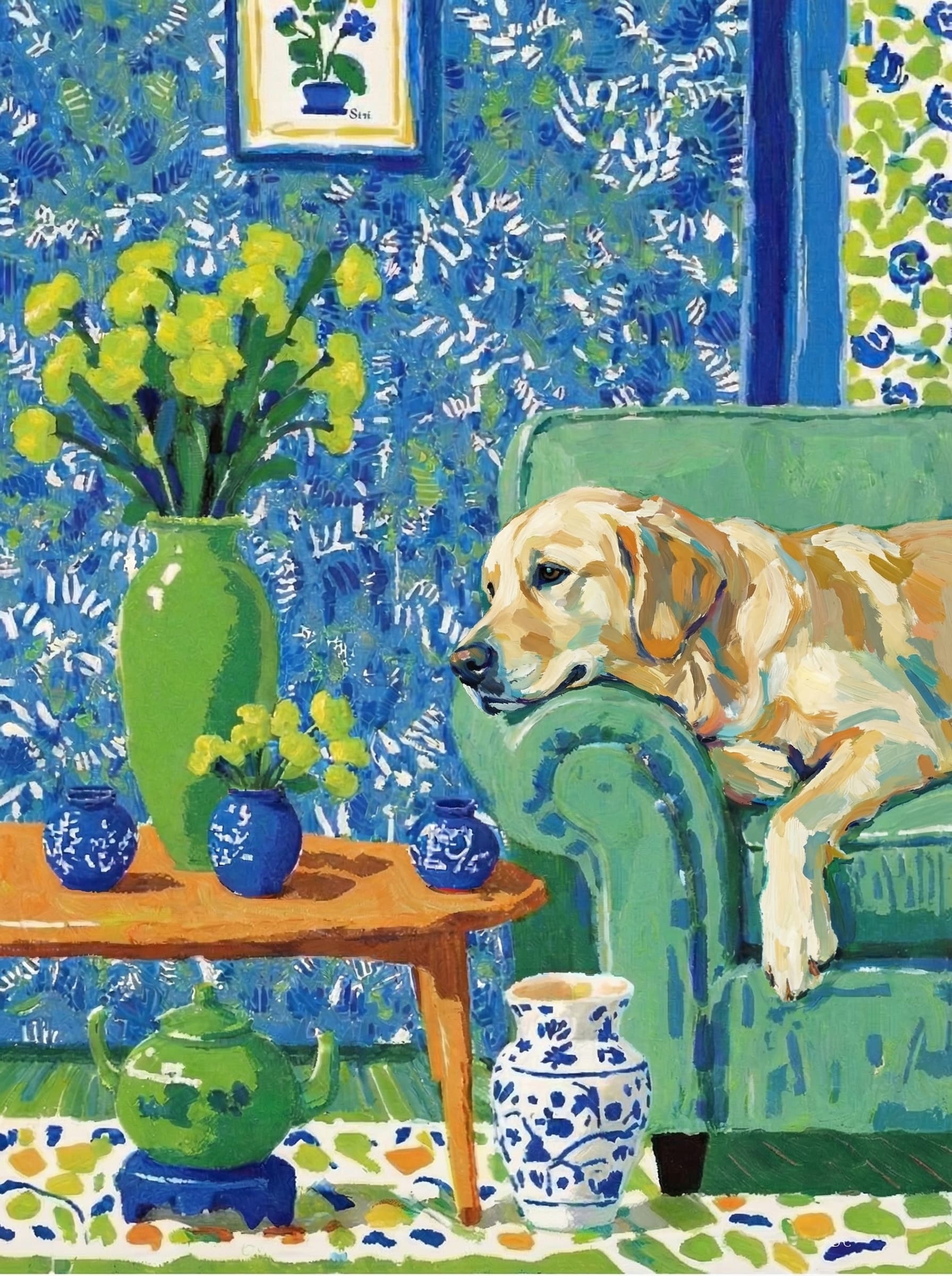 A pet lazy lying on the couch, with head tilt on the edge of couch, eye looking at the the vase. paint in post-impressionism style. Use saturated, non-naturalistic colors and flattened perspective reminiscent of Henri Matisse. painterly and expressive, utilizing thick, confident strokes and quick, rhythmic marks that prioritize texture and visual energy over realistic blending or depth.