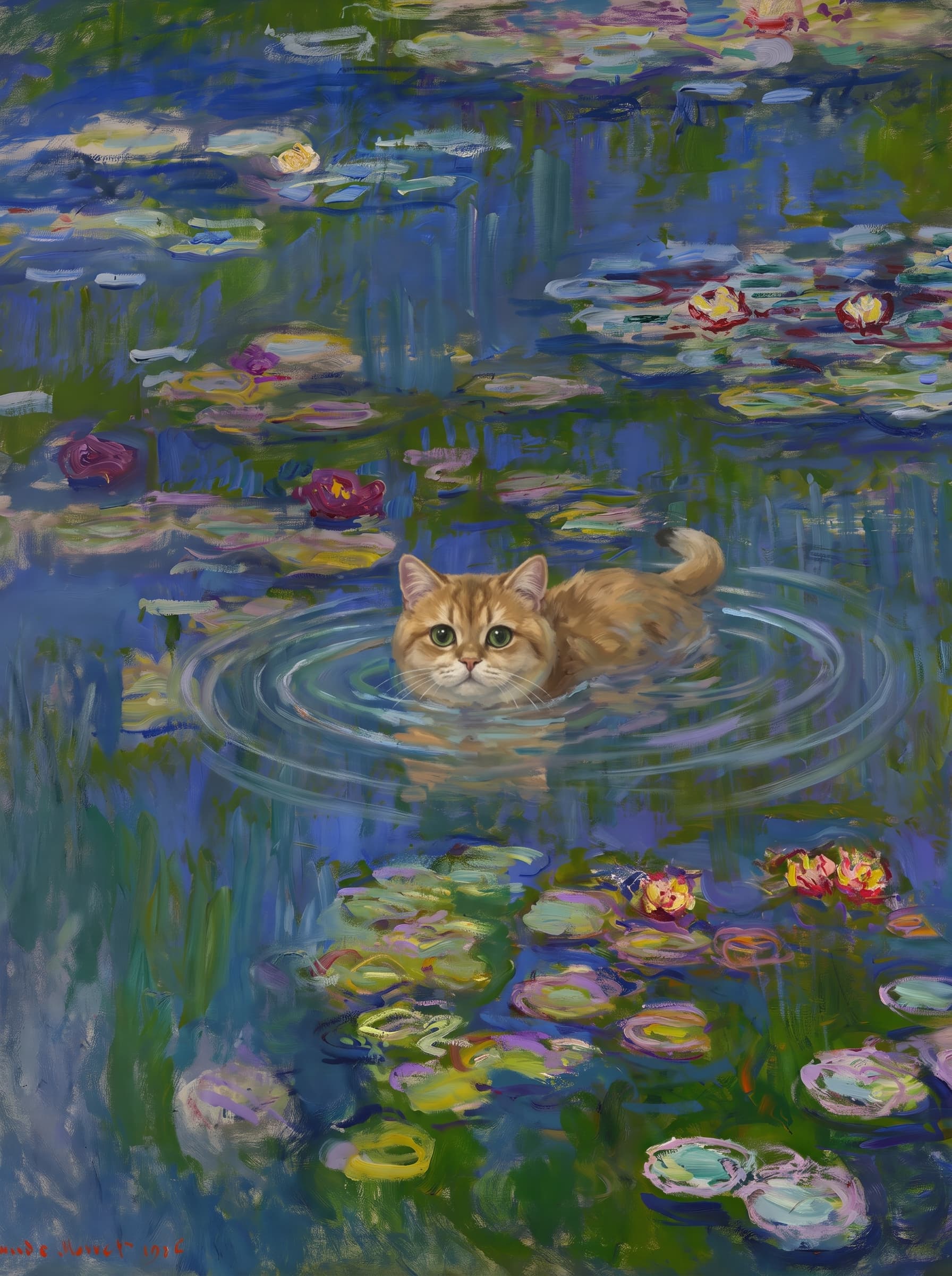 The pet should appear naturally integrated into the middle of the pond, swimming calmly through the water with only its head, upper neck, and a subtle suggestion of its back visible above the surface.
      The pet should be facing forward and looking directly at the viewer. Its wet fur should be suggested through painterly strokes.
      Blend the pet into the scene using Monet-like impressionist oil painting techniques: visible layered brushstrokes, soft broken color, blue-green reflections, violet shadows, golden-orange highlights, and shimmering ripples around the pet. 
      The water should partially obscure the pet’s body, with delicate circular ripples spreading outward. Nearby lily pads and water lilies should remain undisturbed but subtly interact with the ripples.
      The pet must feel like it was originally painted into the artwork, not pasted on top. Match the atmospheric softness, painterly texture, scale, perspective, and color harmony of the original Water Lilies painting. 
      Avoid photorealism, sharp outlines, modern digital effects, or excessive detail. The final image should look like a whimsical impressionist oil painting in the spirit of late Monet, with the pet quietly swimming among the lily pads at the center of the pond.
      Art Style: Paint in Fauvism, post-impressionism style. Use simplified shapes, exaggerates color, and flattens perspective to create charm and personality.
Use saturated, non-naturalistic colors and flattened perspective reminiscent of Henri Matisse.
The brushwork is loose, visible, and painterly, with uneven strokes that give the surface texture and movement.
Paint with large areas of flat color patches, simplified shapes, bold decorative outlines, and minimal blending.
The composition is flattened and slightly distorted, with compressed perspective.
The painting is expressive, utilizing thick, confident strokes and quick, rhythmic marks that prioritize texture and visual energy over realistic blending or depth.
