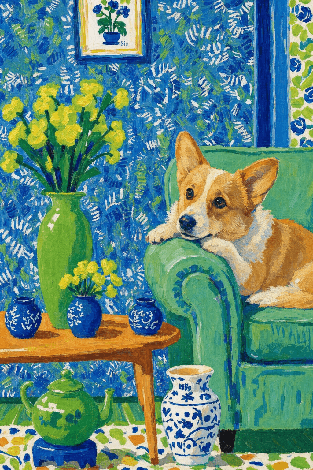 A pet lazy lying on the couch, with head tilt on the edge of couch, eye looking at the the vase. paint in post-impressionism style. Use saturated, non-naturalistic colors and flattened perspective reminiscent of Henri Matisse. painterly and expressive, utilizing thick, confident strokes and quick, rhythmic marks that prioritize texture and visual energy over realistic blending or depth.