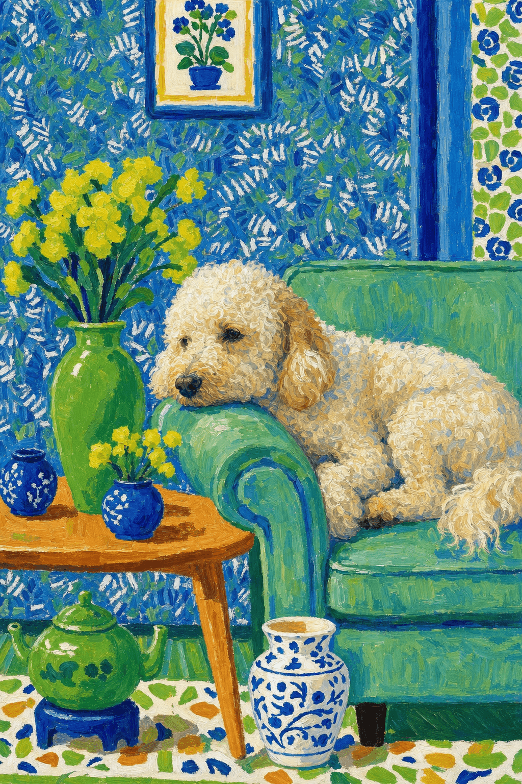 A pet lazy lying on the couch, with head tilt on the edge of couch, eye looking at the the vase. paint in post-impressionism style. Use saturated, non-naturalistic colors and flattened perspective reminiscent of Henri Matisse. painterly and expressive, utilizing thick, confident strokes and quick, rhythmic marks that prioritize texture and visual energy over realistic blending or depth.