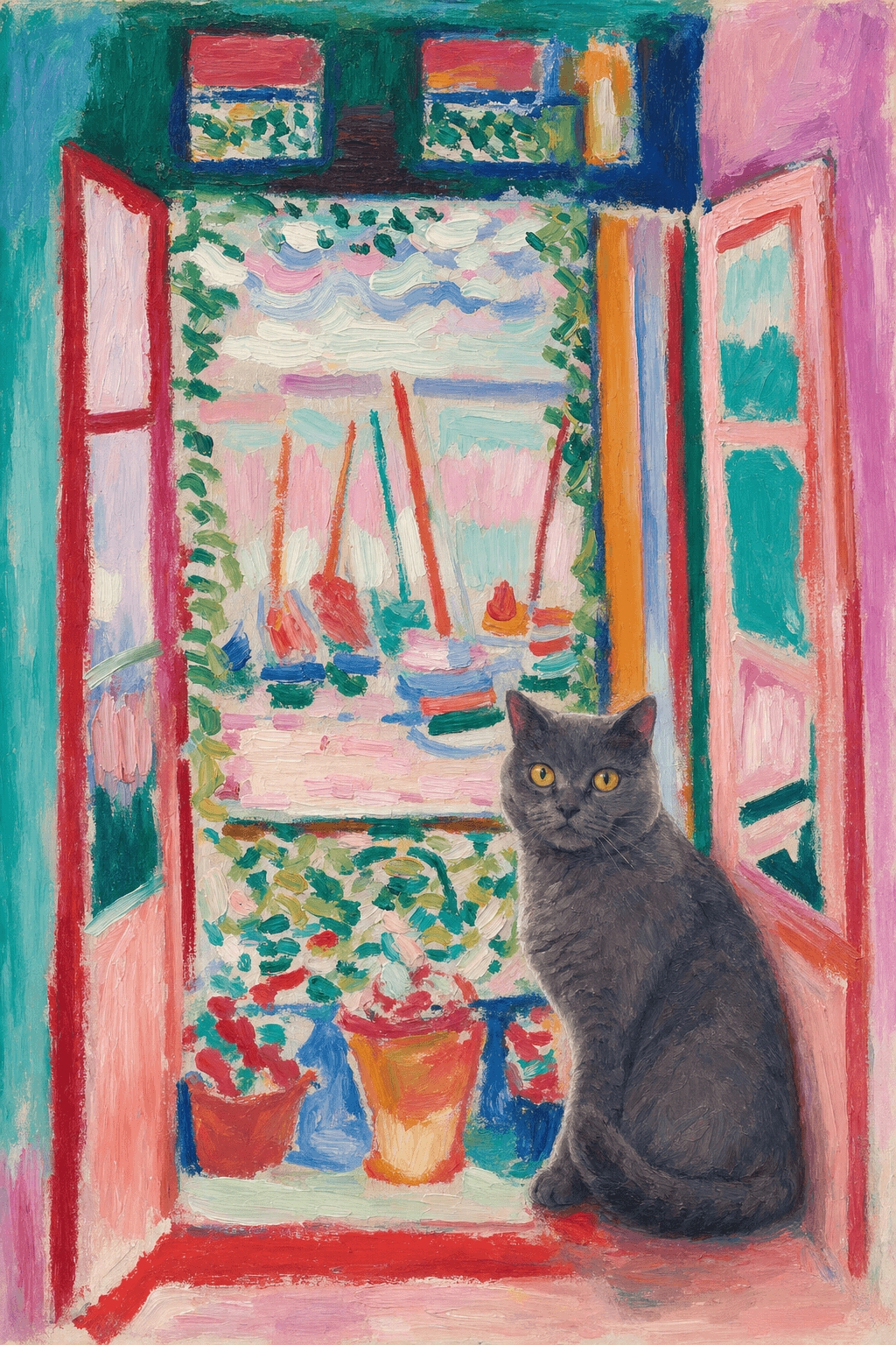 A pet sitting on the right bottom frame of an open door, with its back to the opening while facing the room, looking at the viewer, slight leaning on the right-side door panel. Paint in post-impressionism style. Use loosely painted, vibrantly colored, stylized, vertical painting.