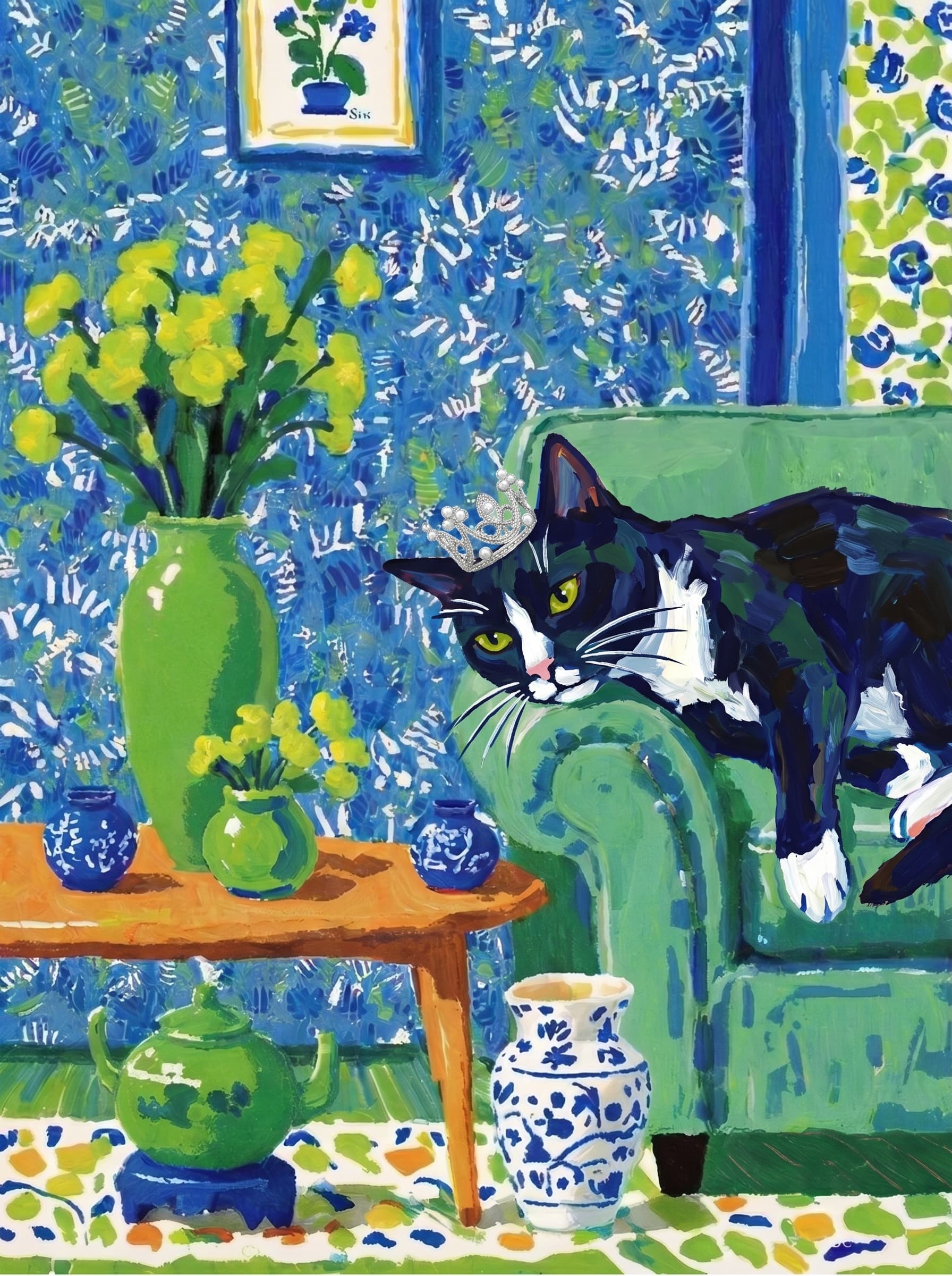 A pet lazy lying on the couch, with head tilt on the edge of couch, eye looking at the the vase. paint in post-impressionism style. Use saturated, non-naturalistic colors and flattened perspective reminiscent of Henri Matisse. painterly and expressive, utilizing thick, confident strokes and quick, rhythmic marks that prioritize texture and visual energy over realistic blending or depth.