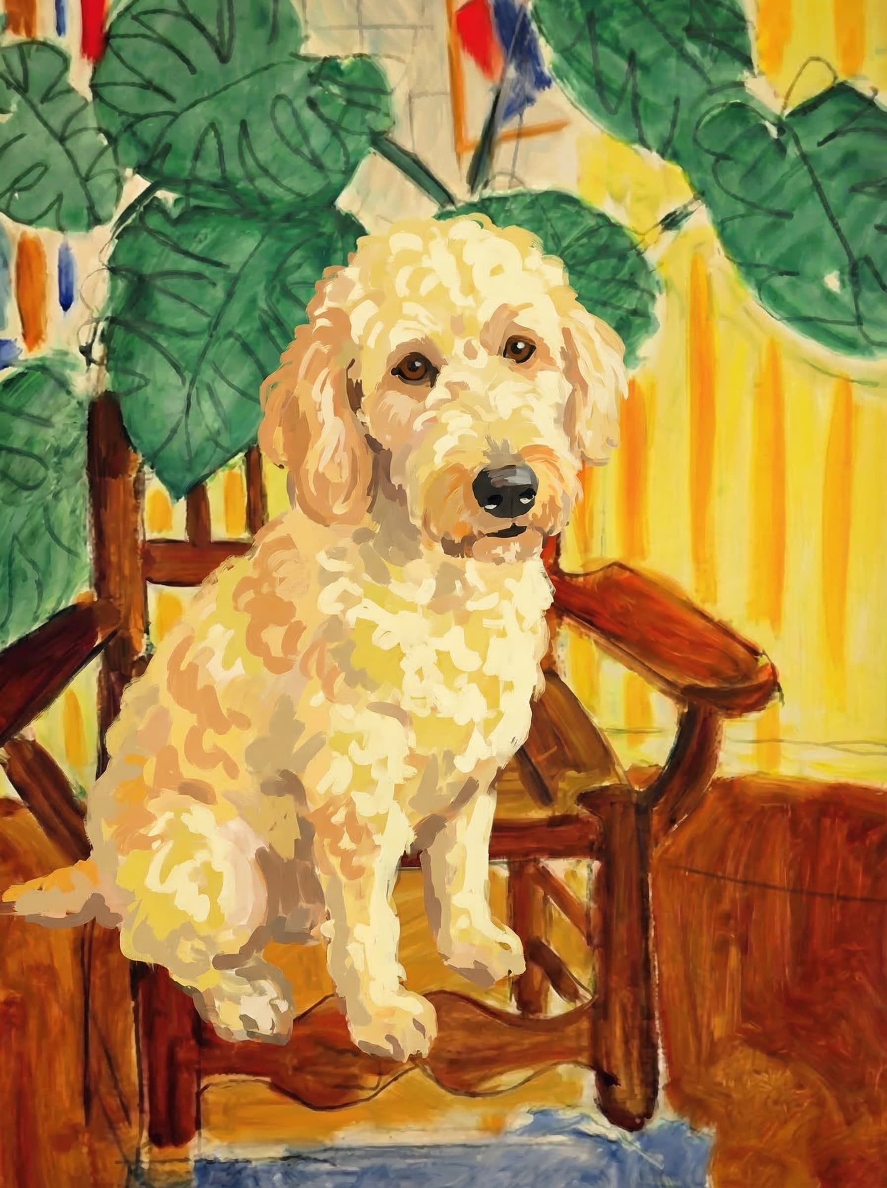 A pet sitting on a brown chair, looking at the viewer. Colors are applied with minimal blending, creating a flat, illustrative feel. The brushwork is broad, rapid, and direct. Strokes are loose, visible, applied thinly, defining the forms quickly without building up significant physical texture or impasto on the surface.