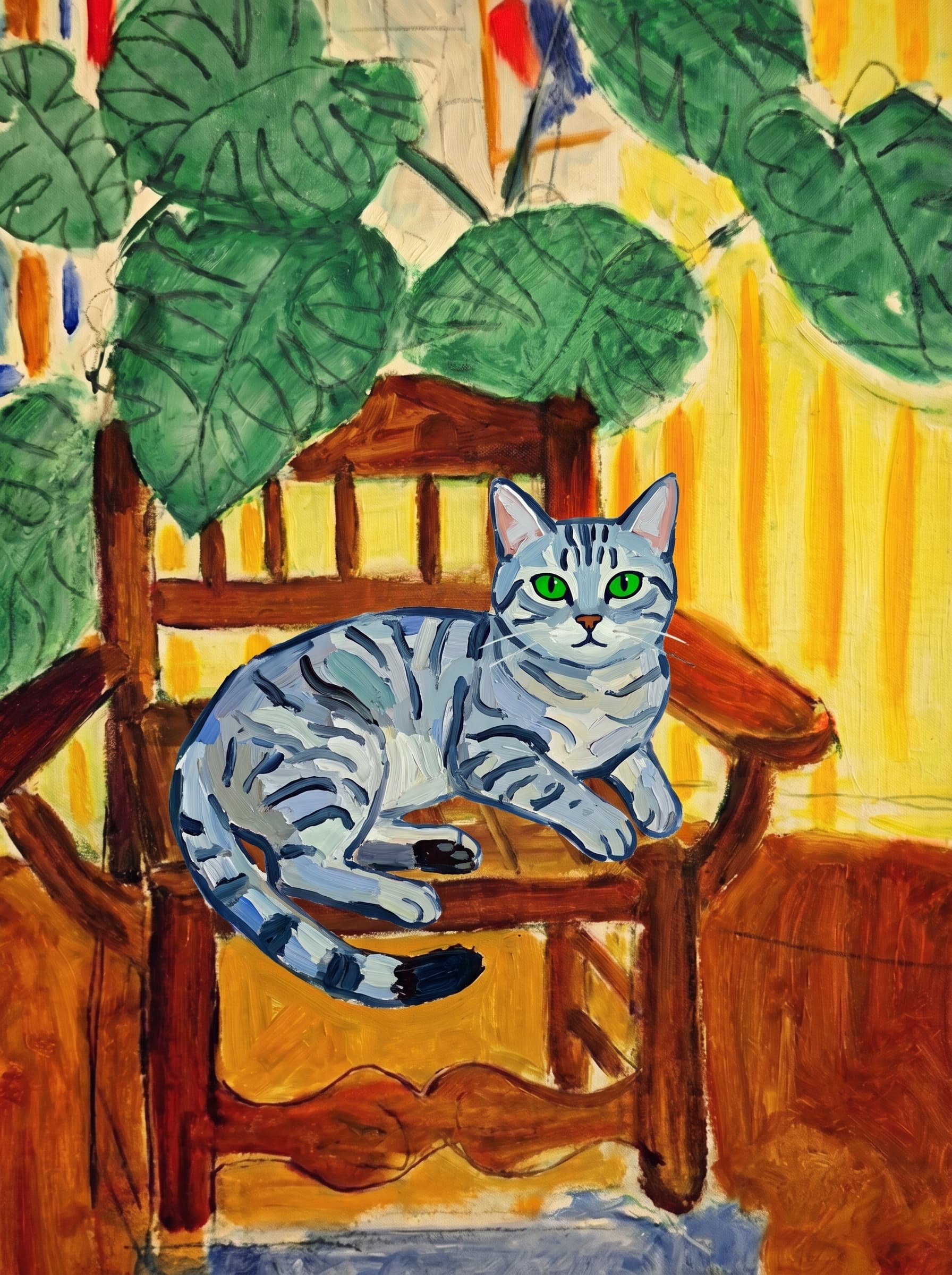 A pet sitting on a brown chair, looking at the viewer. Art Style: Paint in Fauvism, post-impressionism style. Use simplified shapes, exaggerates color, and flattens perspective to create charm and personality.
Use saturated, non-naturalistic colors and flattened perspective reminiscent of Henri Matisse.
The brushwork is loose, visible, and painterly, with uneven strokes that give the surface texture and movement.
Paint with large areas of flat color patches, simplified shapes, bold decorative outlines, and minimal blending.
The composition is flattened and slightly distorted, with compressed perspective.
The painting is expressive, utilizing thick, confident strokes and quick, rhythmic marks that prioritize texture and visual energy over realistic blending or depth.