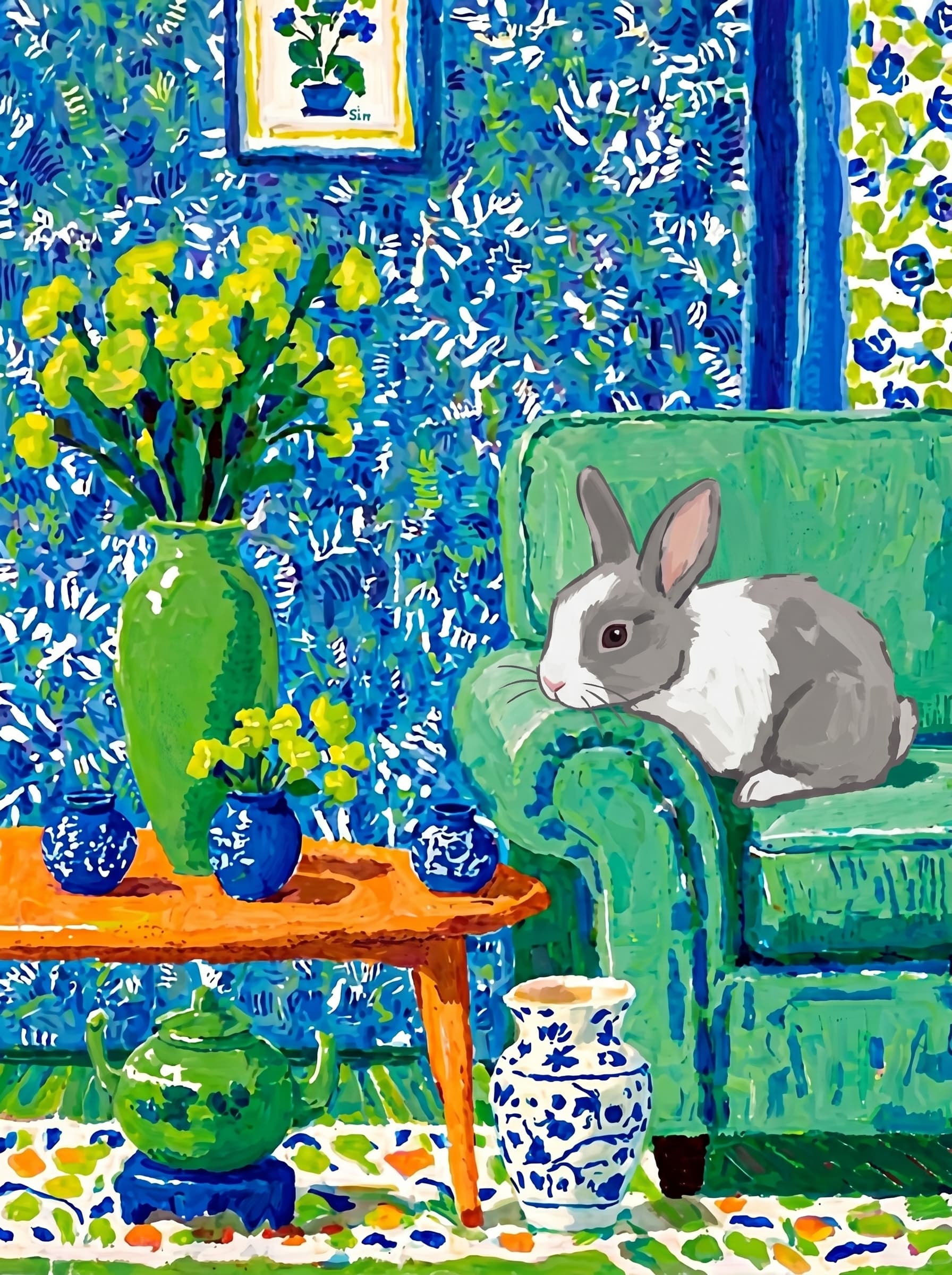 A pet lazy lying on the couch, with head tilt on the edge of couch, eye looking at the the vase. Art Style: Paint in Fauvism, post-impressionism style. Use simplified shapes, exaggerates color, and flattens perspective to create charm and personality.
Use saturated, non-naturalistic colors and flattened perspective reminiscent of Henri Matisse.
The brushwork is loose, visible, and painterly, with uneven strokes that give the surface texture and movement.
Paint with large areas of flat color patches, simplified shapes, bold decorative outlines, and minimal blending.
The composition is flattened and slightly distorted, with compressed perspective.
The painting is expressive, utilizing thick, confident strokes and quick, rhythmic marks that prioritize texture and visual energy over realistic blending or depth.