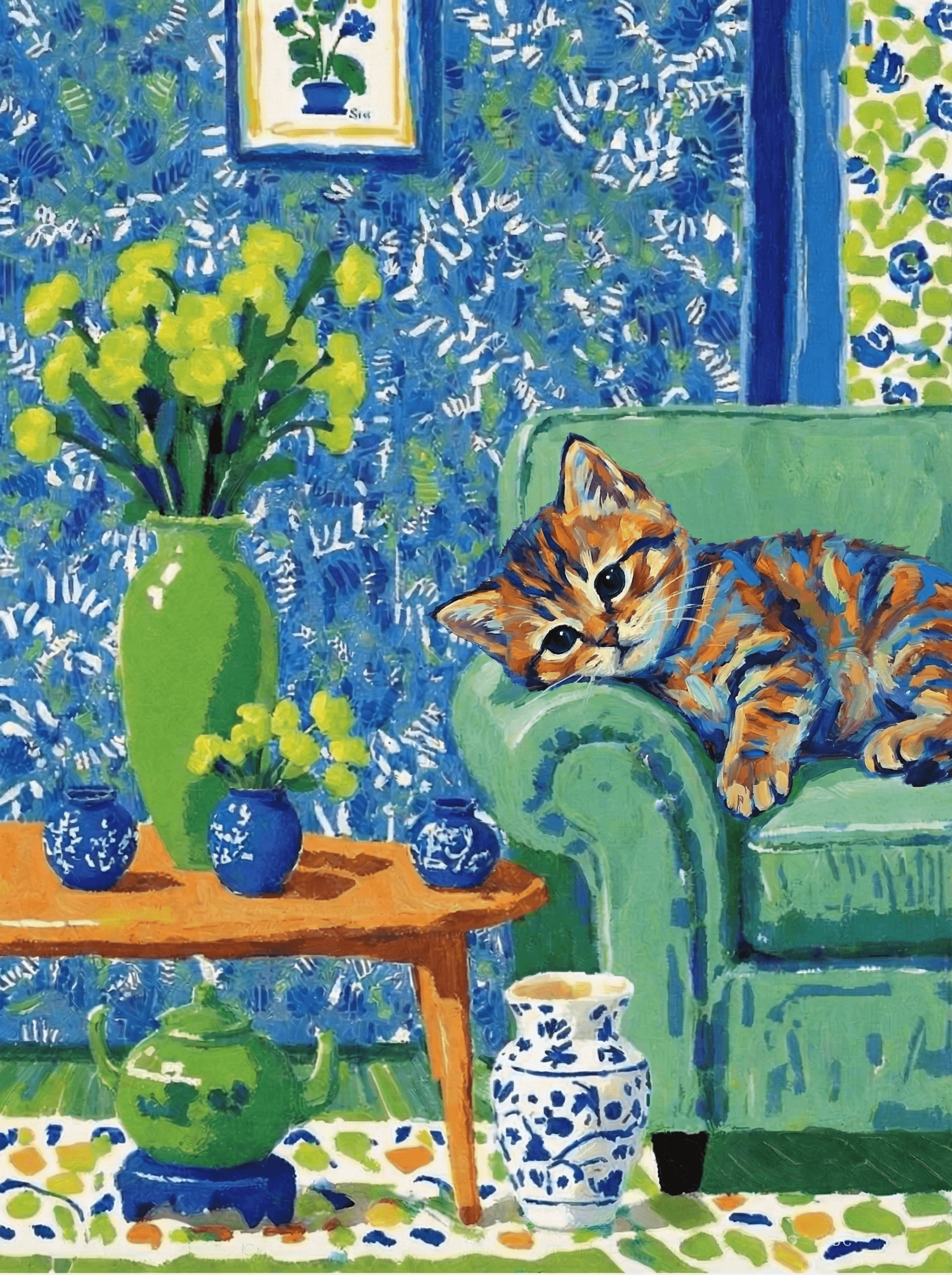 A pet lazy lying on the couch, with head tilt on the edge of couch, eye looking at the the vase. paint in post-impressionism style. Use saturated, non-naturalistic colors and flattened perspective reminiscent of Henri Matisse. painterly and expressive, utilizing thick, confident strokes and quick, rhythmic marks that prioritize texture and visual energy over realistic blending or depth.
