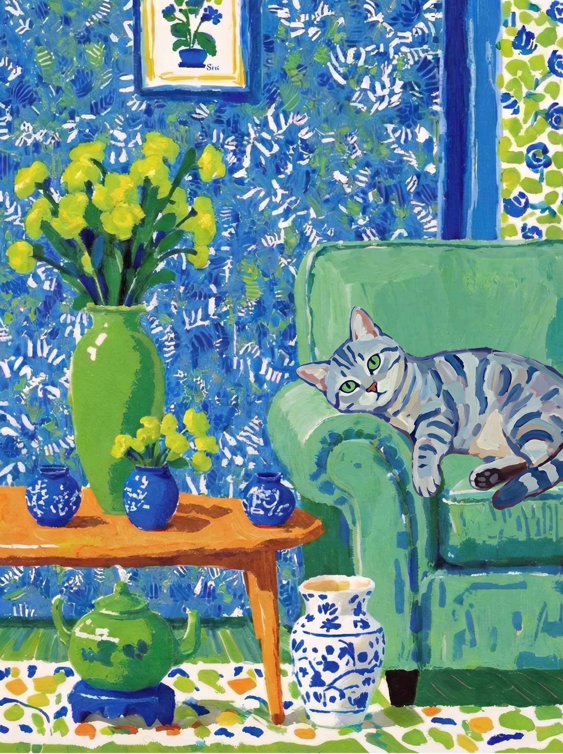 A pet lazy lying on the couch, with head tilt on the edge of couch, eye looking at the the vase. Art Style: Paint in Fauvism, post-impressionism style. Use simplified shapes, exaggerates color, and flattens perspective to create charm and personality.
Use saturated, non-naturalistic colors and flattened perspective reminiscent of Henri Matisse.
The brushwork is loose, visible, and painterly, with uneven strokes that give the surface texture and movement.
Paint with large areas of flat color patches, simplified shapes, bold decorative outlines, and minimal blending.
The composition is flattened and slightly distorted, with compressed perspective.
The painting is expressive, utilizing thick, confident strokes and quick, rhythmic marks that prioritize texture and visual energy over realistic blending or depth.