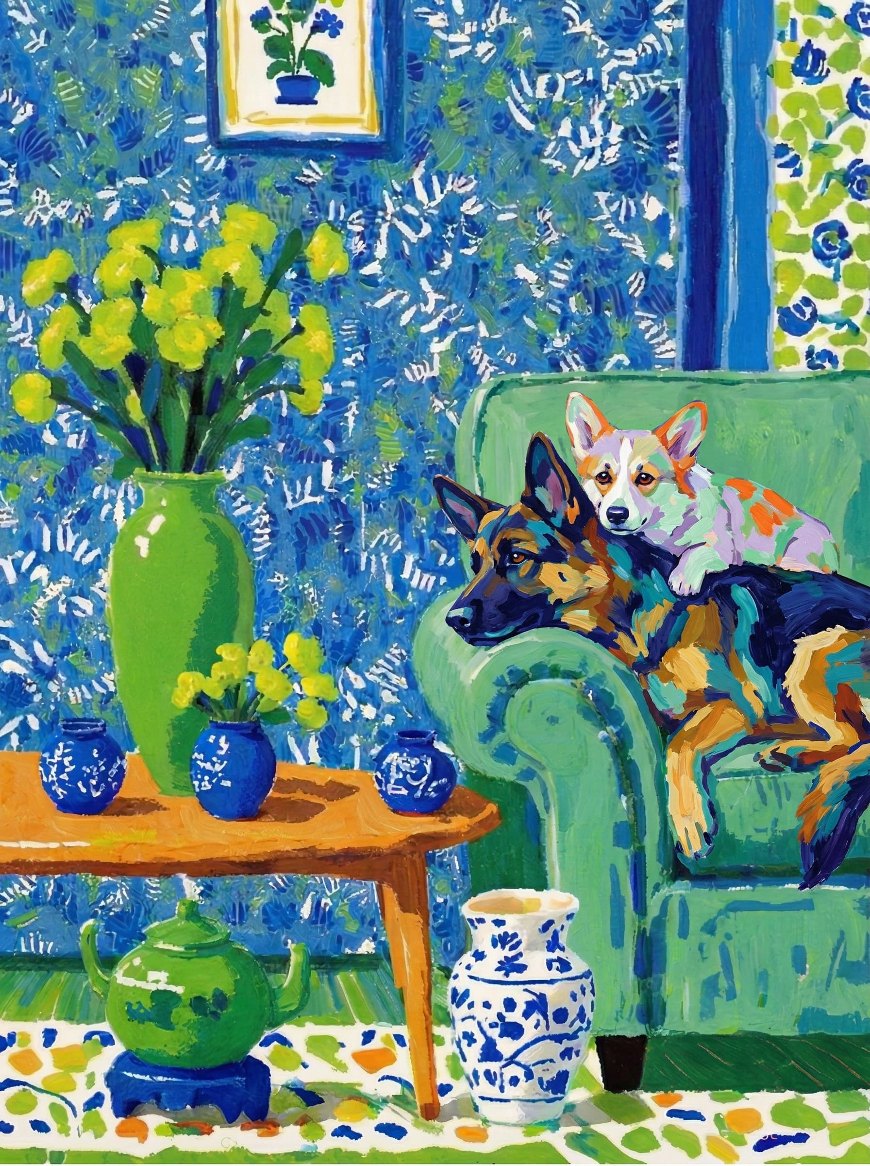 A pet lazy lying on the couch, with head tilt on the edge of couch, eye looking at the the vase. paint in post-impressionism style. Use saturated, non-naturalistic colors and flattened perspective reminiscent of Henri Matisse. painterly and expressive, utilizing thick, confident strokes and quick, rhythmic marks that prioritize texture and visual energy over realistic blending or depth.